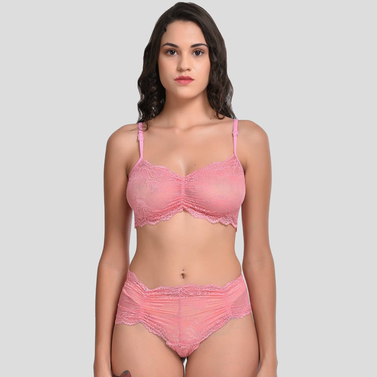     			Zerjama Lace Non Padded Bra & Panty Set ( Pink , Pack of 1 )