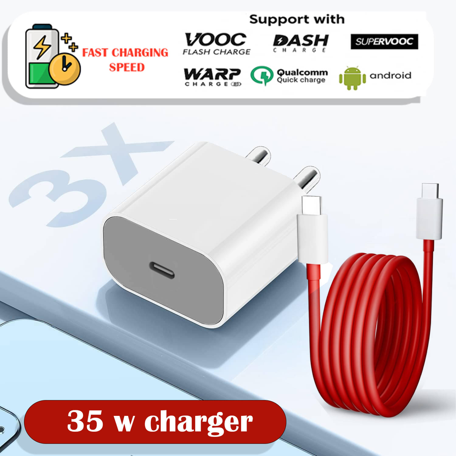     			35W Fast Charging Type-C Charger with Free Red Type-C to C Cable – Smart, Safe, and Efficient Charging Adapter for Tablets & More Devices