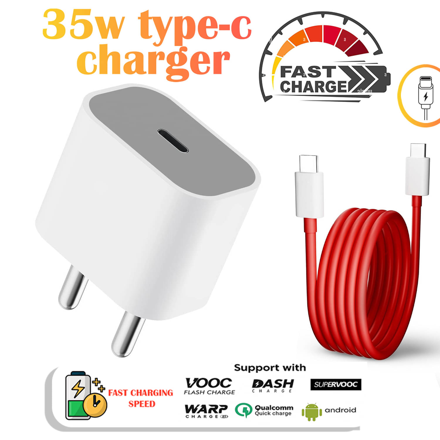     			35W Fast Charging Type-C Charger with Free Red Type-C to C Cable – Smart, Safe, and Efficient Charging Adapter for Tablets & More Devices