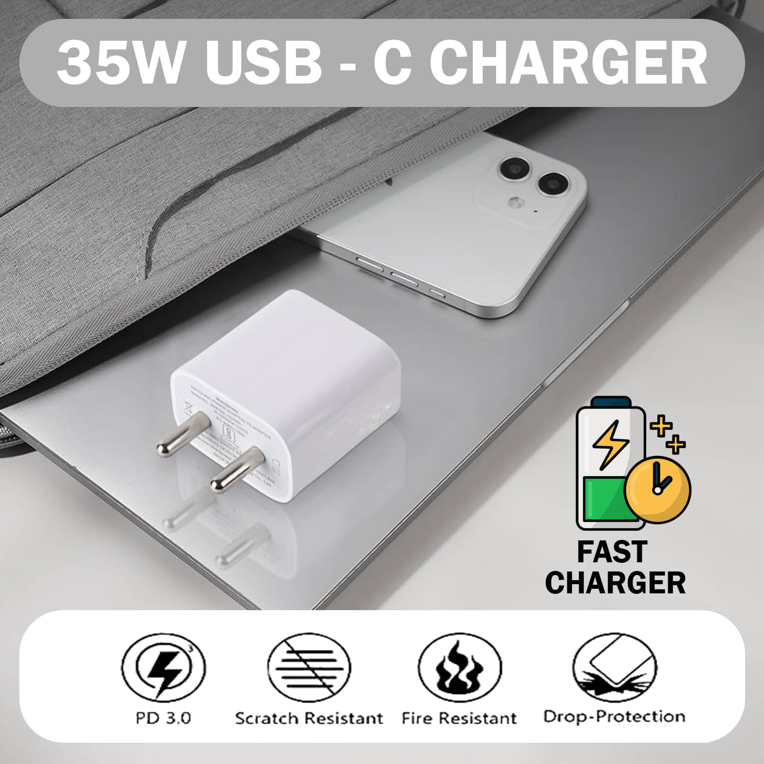     			35W Type-C Quick Charging Adapter | Lightweight and Durable Charger for Smartphones, Tablets, Laptops | Overheat, Overvoltage & Short Circuit Protection | Travel-Friendly