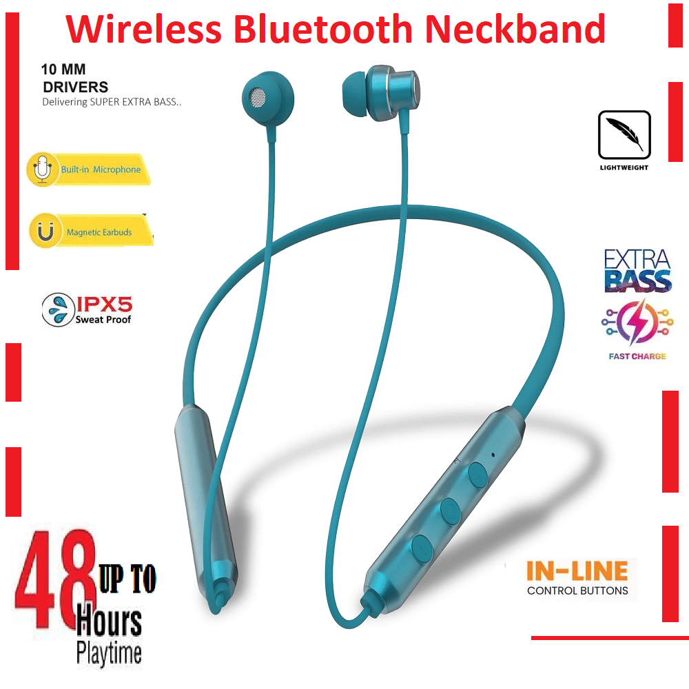     			48 Hours Playback Bluetooth Neckband – Lightweight, Extra Bass, In- Headset (Blue)