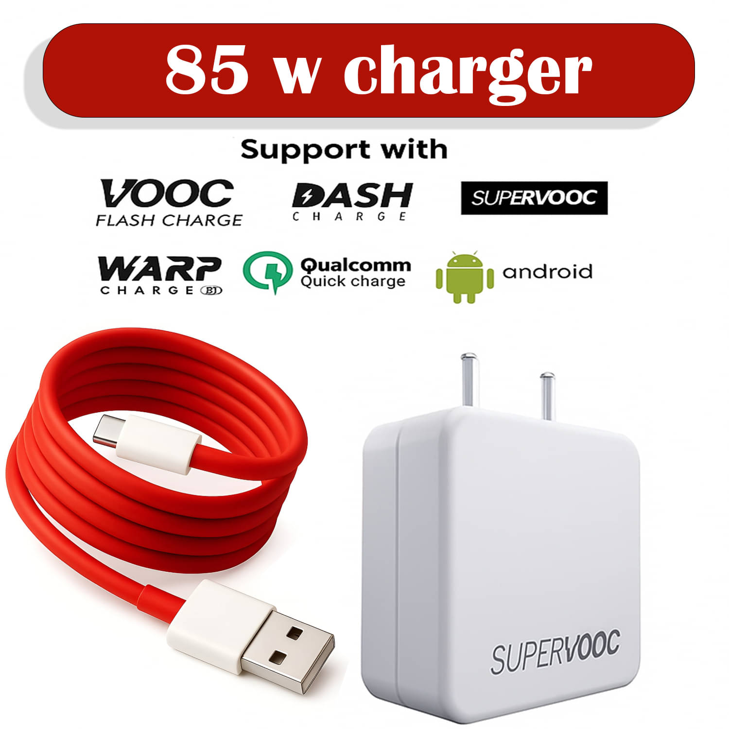     			85W W Charger with Red Type-C to USB Cable | Universal Fast Charging Adapter for Android Smartphones | Supports VOOC, Dash, Warp, Qualcomm Quick Charge