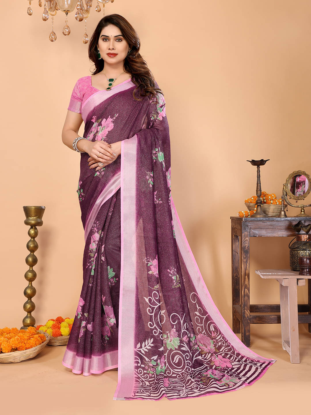     			ANAND SAREES Linen Printed Ilkal Saree With Unstitched Blouse Piece ( WINE )