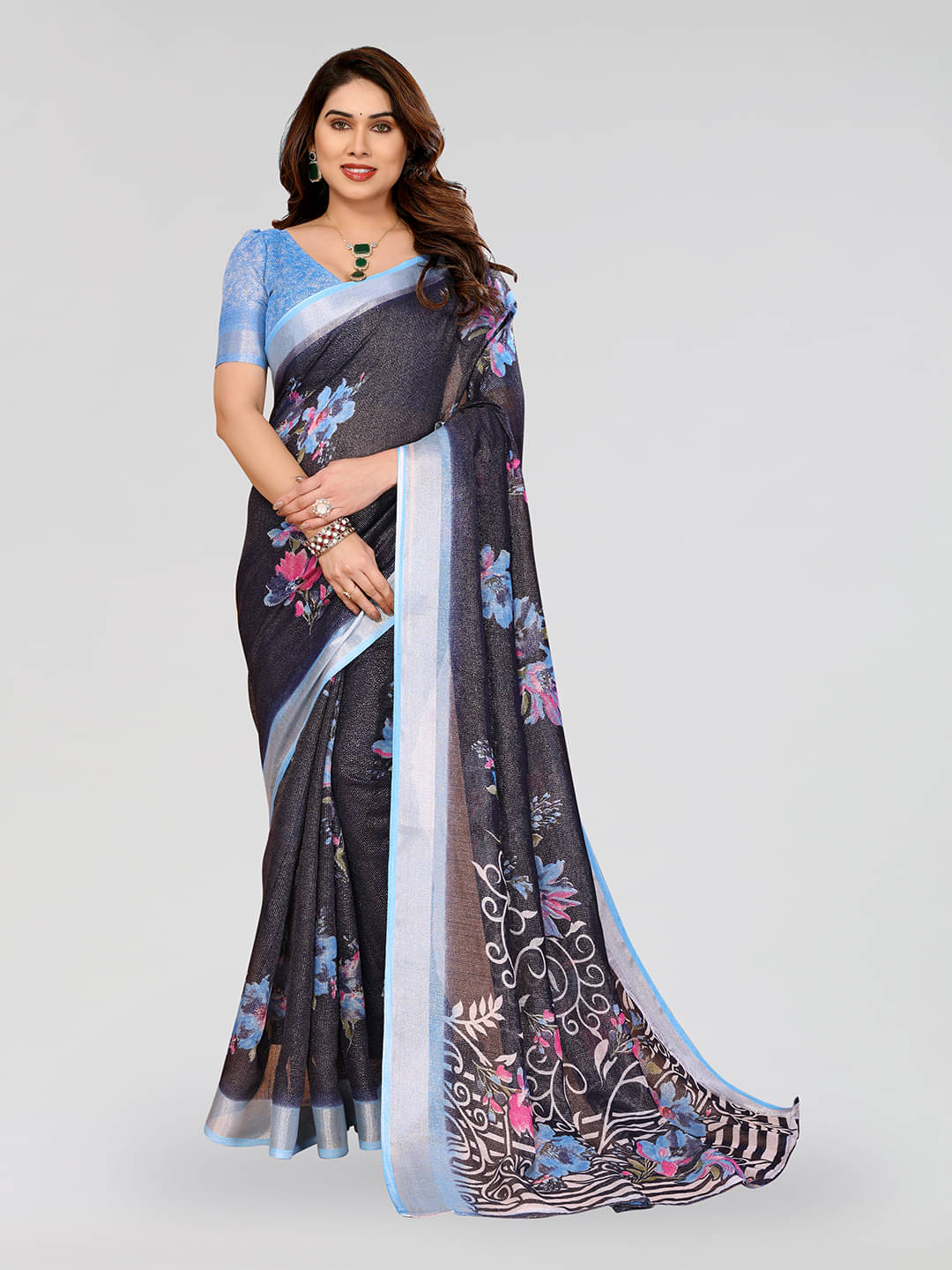     			ANAND SAREES Linen Printed Ilkal Saree With Unstitched Blouse Piece ( BLUE )