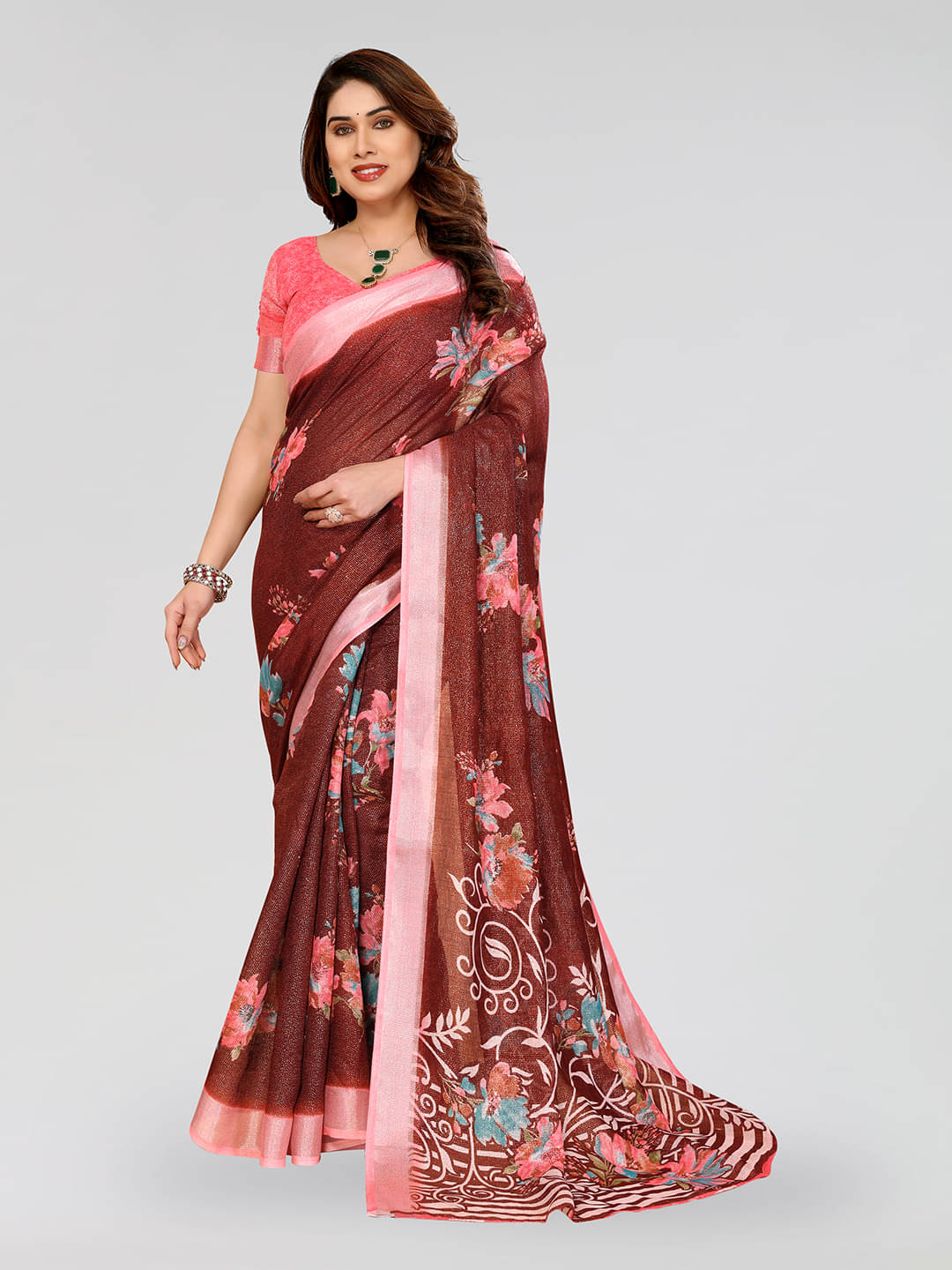 ANAND SAREES Linen Printed Ilkal Saree With Unstitched Blouse Piece ( BROWN ) ANAND SAREES Linen Printed Ilkal Saree With Unstitched Blouse Piece ( BROWN )