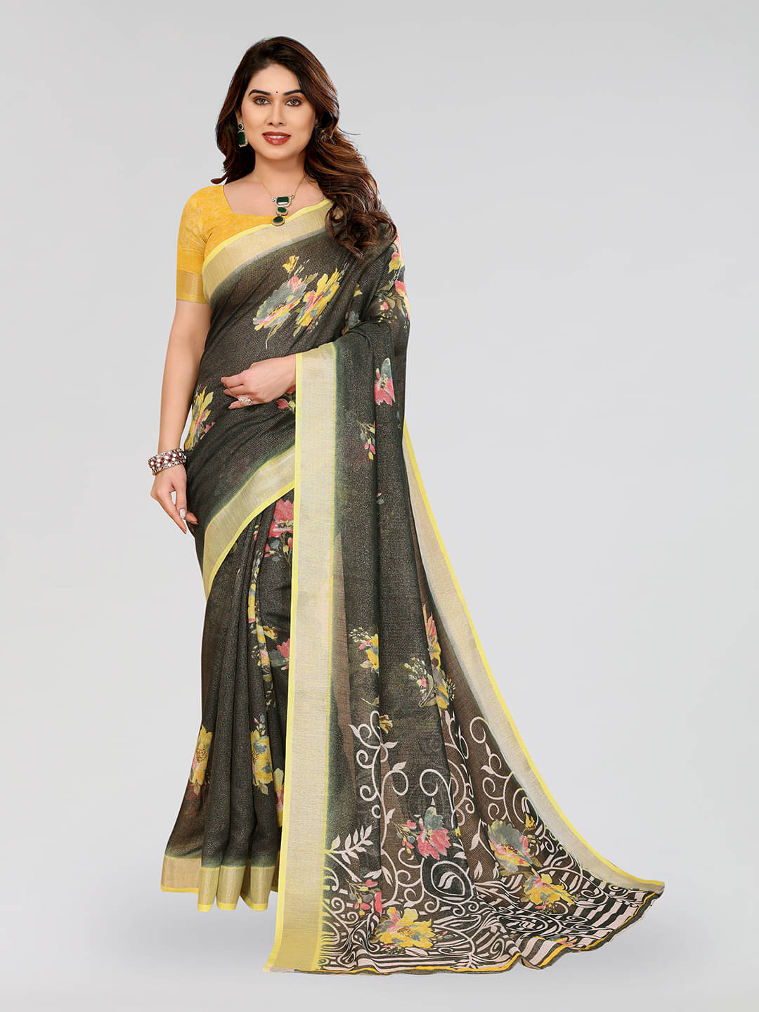     			ANAND SAREES Linen Printed Ilkal Saree With Unstitched Blouse Piece ( GREEN )