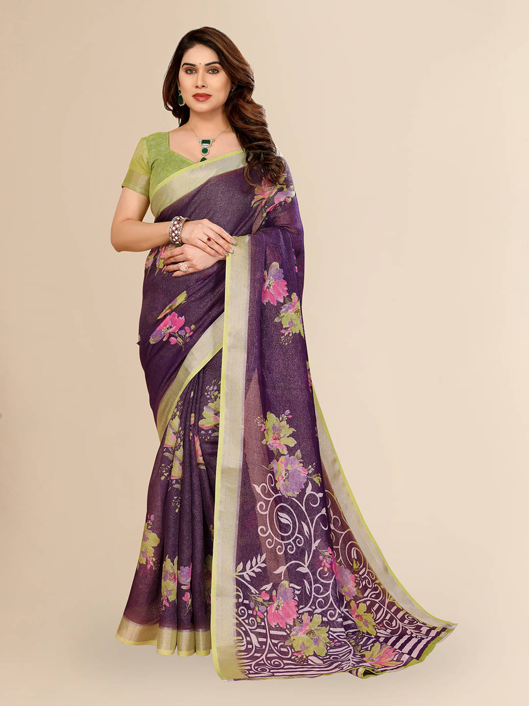 ANAND SAREES Linen Printed Ilkal Saree With Unstitched Blouse Piece ( PURPLE )     			ANAND SAREES Linen Printed Ilkal Saree With Unstitched Blouse Piece ( PURPLE )