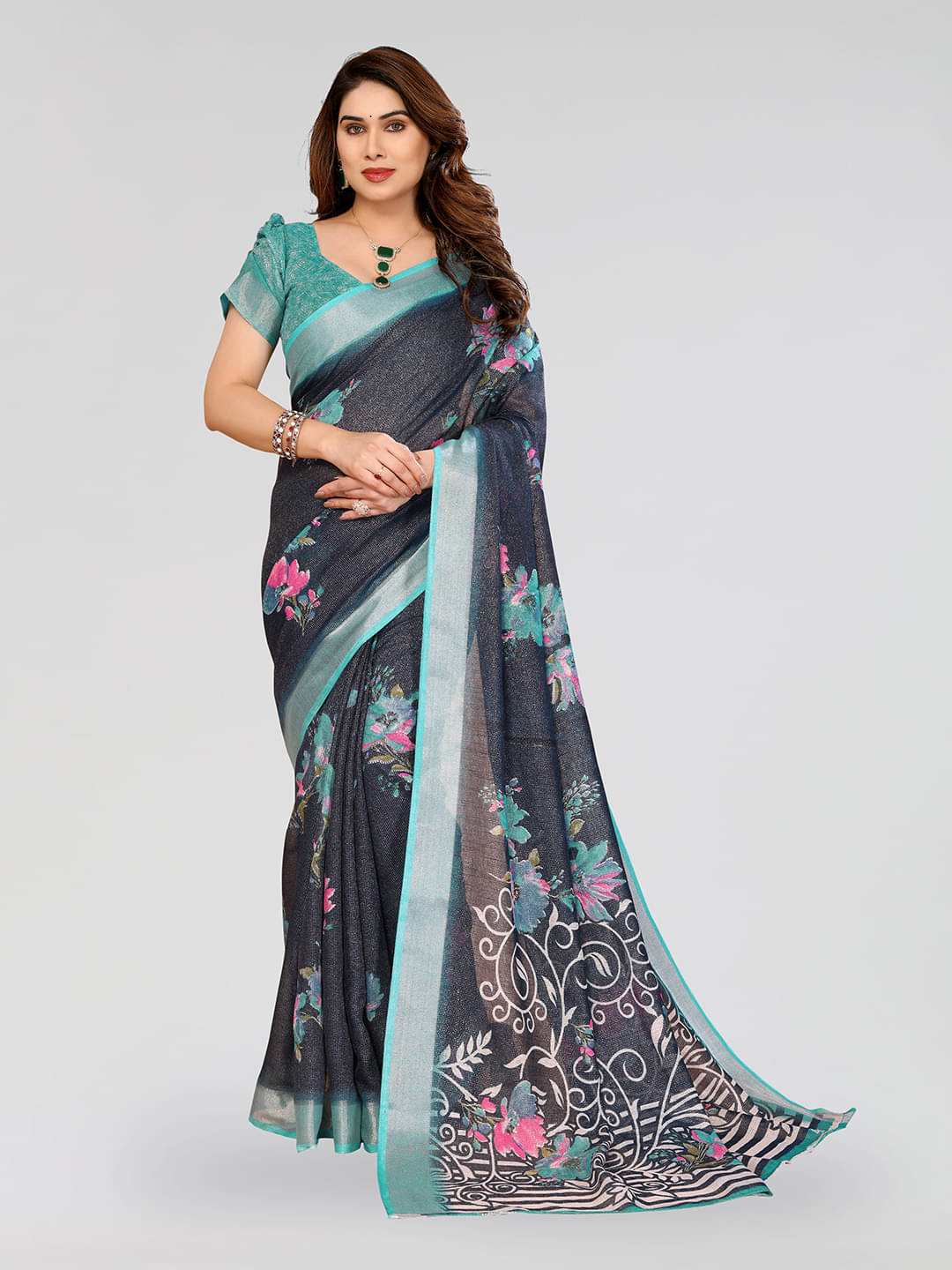     			ANAND SAREES Linen Printed Ilkal Saree With Unstitched Blouse Piece ( RAMA )
