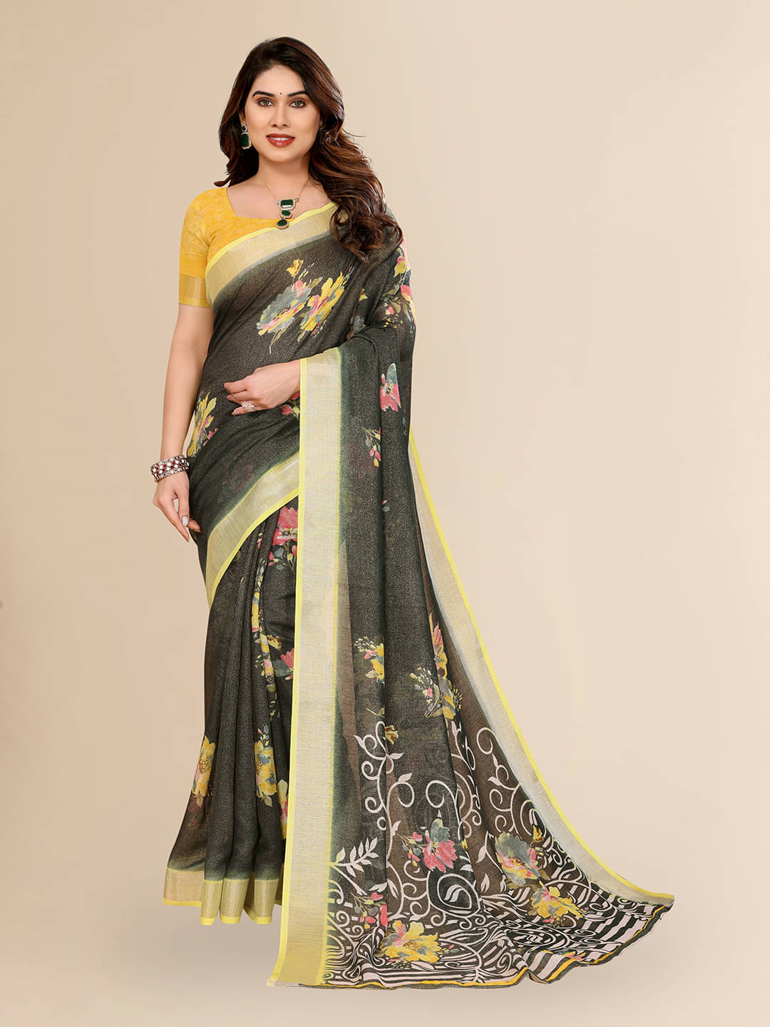     			ANAND SAREES Linen Printed Ilkal Saree With Unstitched Blouse Piece ( GREEN )