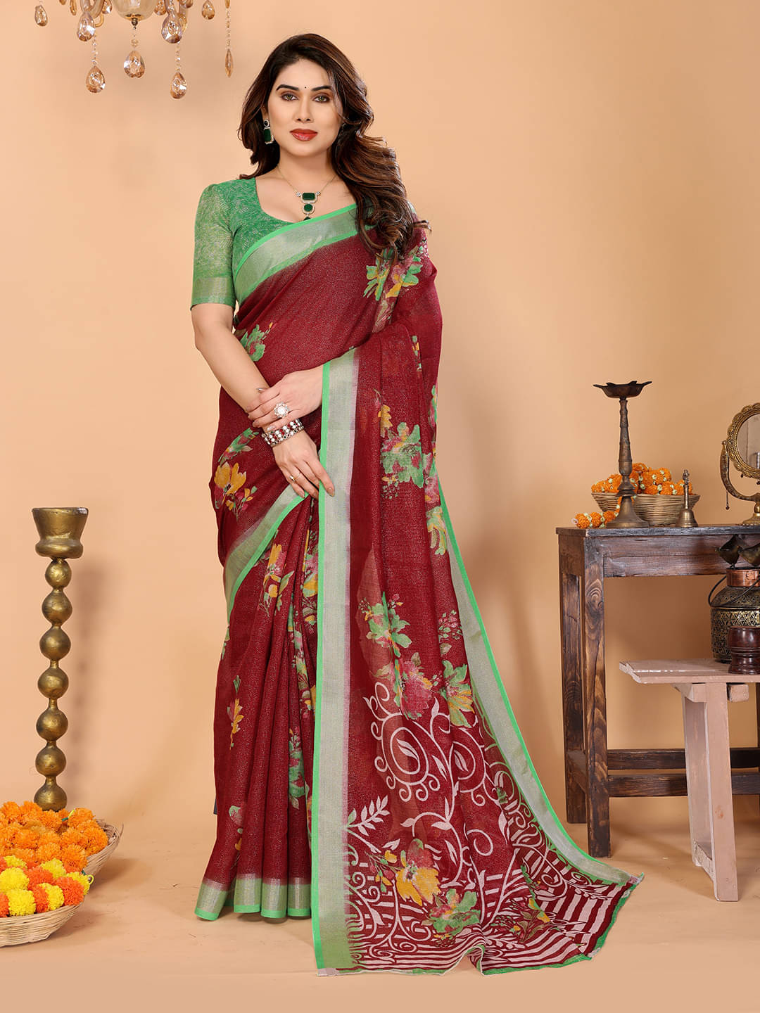    			ANAND SAREES Linen Printed Ilkal Saree With Unstitched Blouse Piece ( Maroon )