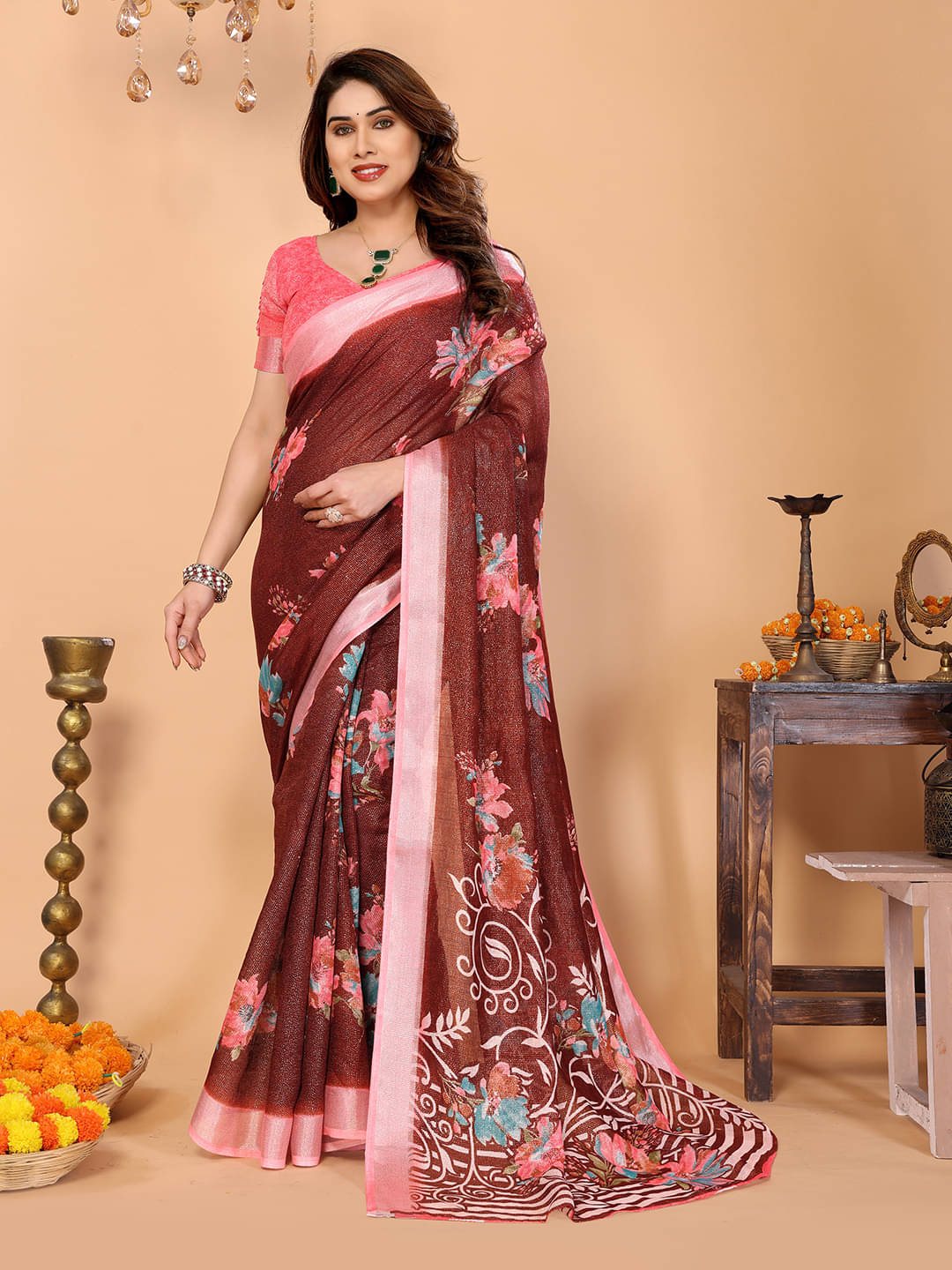     			ANAND SAREES Linen Printed Ilkal Saree With Unstitched Blouse Piece ( BROWN )