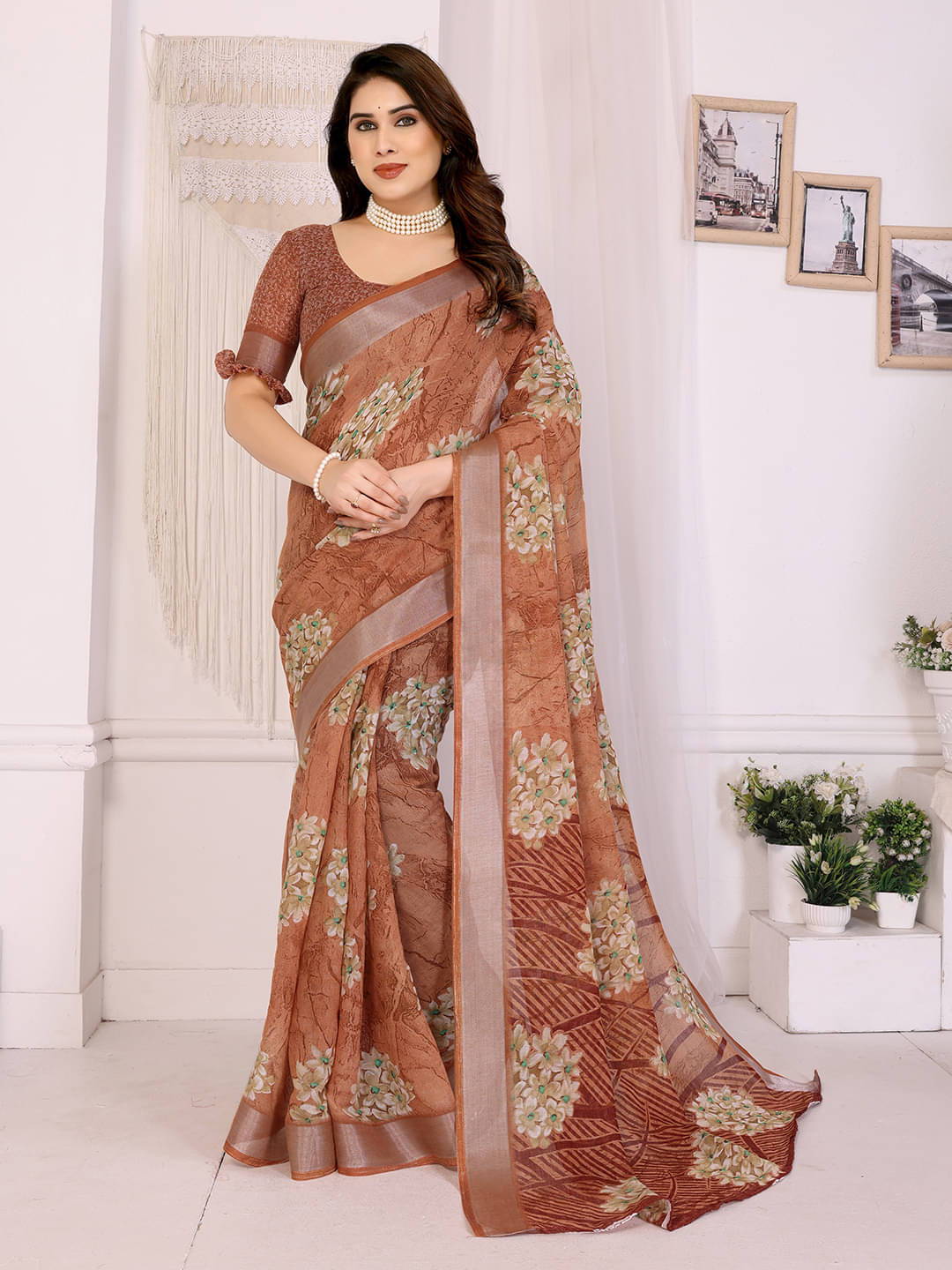 ANAND SAREES Linen Printed Ilkal Saree With Unstitched Blouse Piece ( BROWN ) ANAND SAREES Linen Printed Ilkal Saree With Unstitched Blouse Piece ( BROWN )