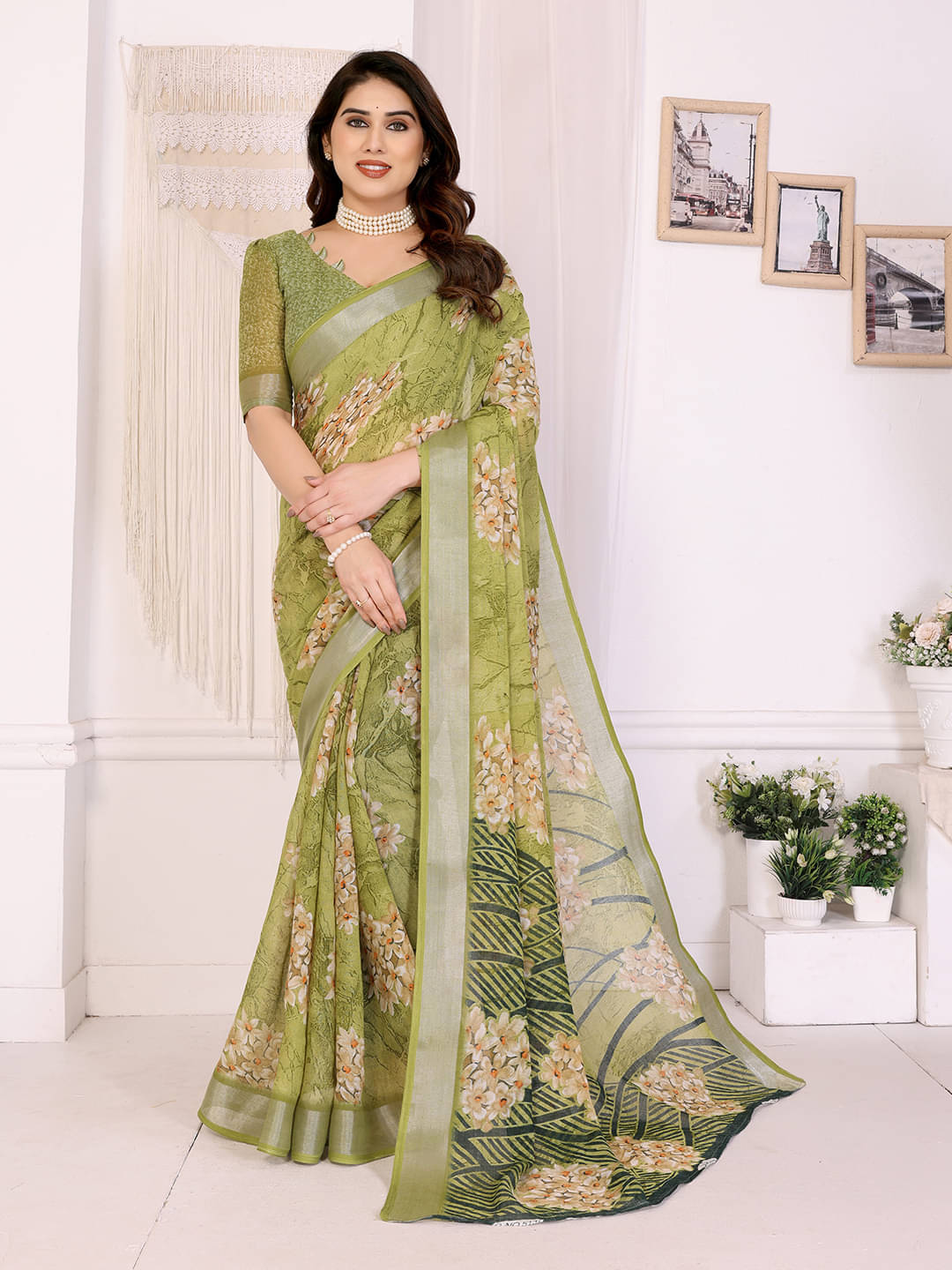    			ANAND SAREES Linen Printed Ilkal Saree With Unstitched Blouse Piece ( GREEN )