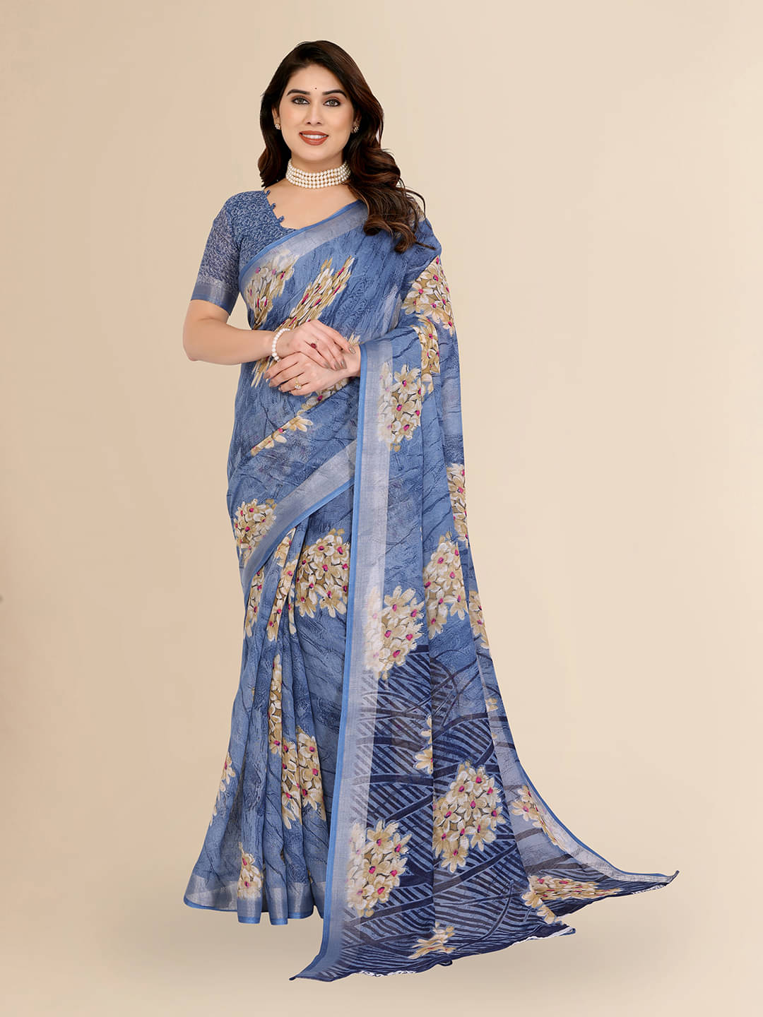     			ANAND SAREES Linen Printed Ilkal Saree With Unstitched Blouse Piece ( BLUE )
