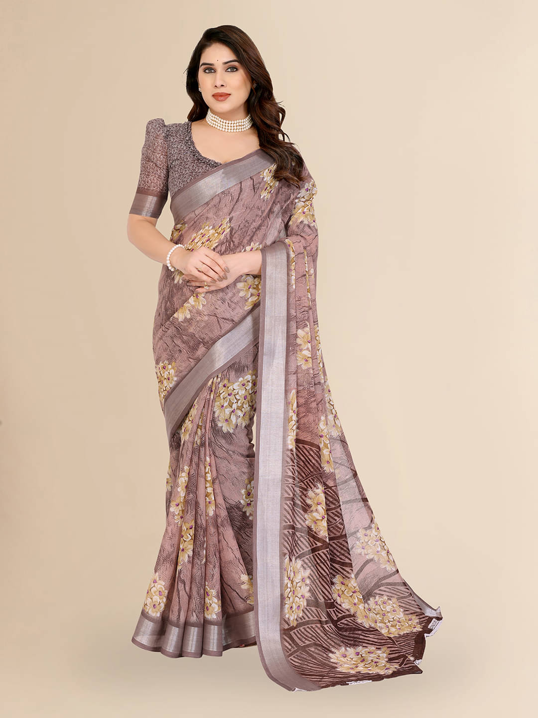 ANAND SAREES Linen Printed Ilkal Saree With Unstitched Blouse Piece ( Coffee )     			ANAND SAREES Linen Printed Ilkal Saree With Unstitched Blouse Piece ( Coffee )