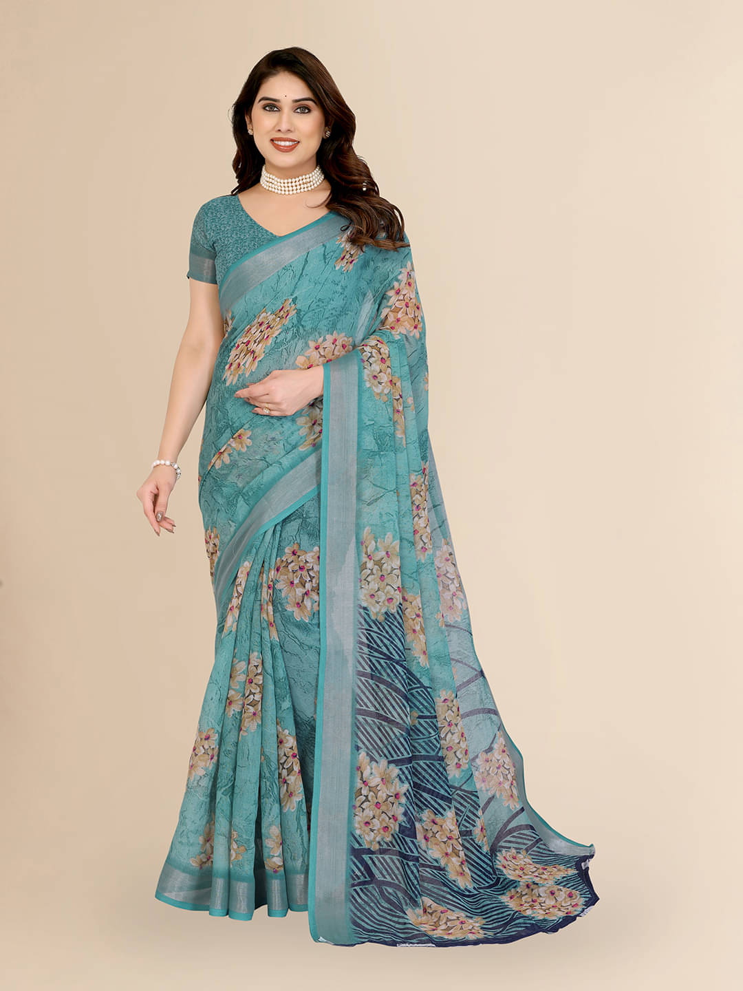     			ANAND SAREES Linen Printed Ilkal Saree With Unstitched Blouse Piece ( RAMA )