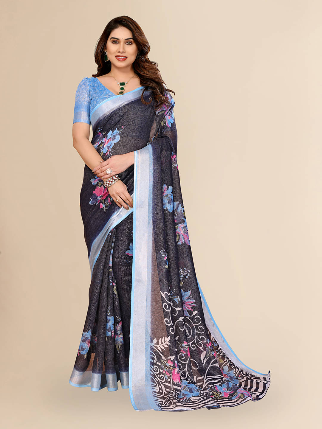 ANAND SAREES Linen Printed Ilkal Saree With Unstitched Blouse Piece ( BLUE )     			ANAND SAREES Linen Printed Ilkal Saree With Unstitched Blouse Piece ( BLUE )