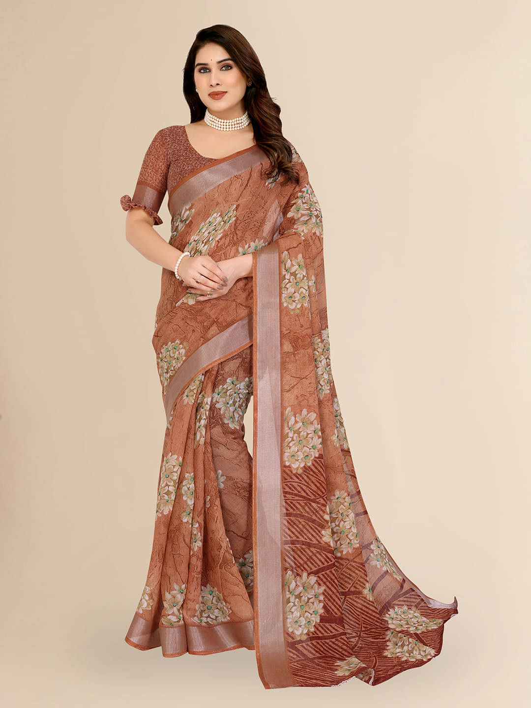 ANAND SAREES Linen Printed Ilkal Saree With Unstitched Blouse Piece ( BROWN ) ANAND SAREES Linen Printed Ilkal Saree With Unstitched Blouse Piece ( BROWN )