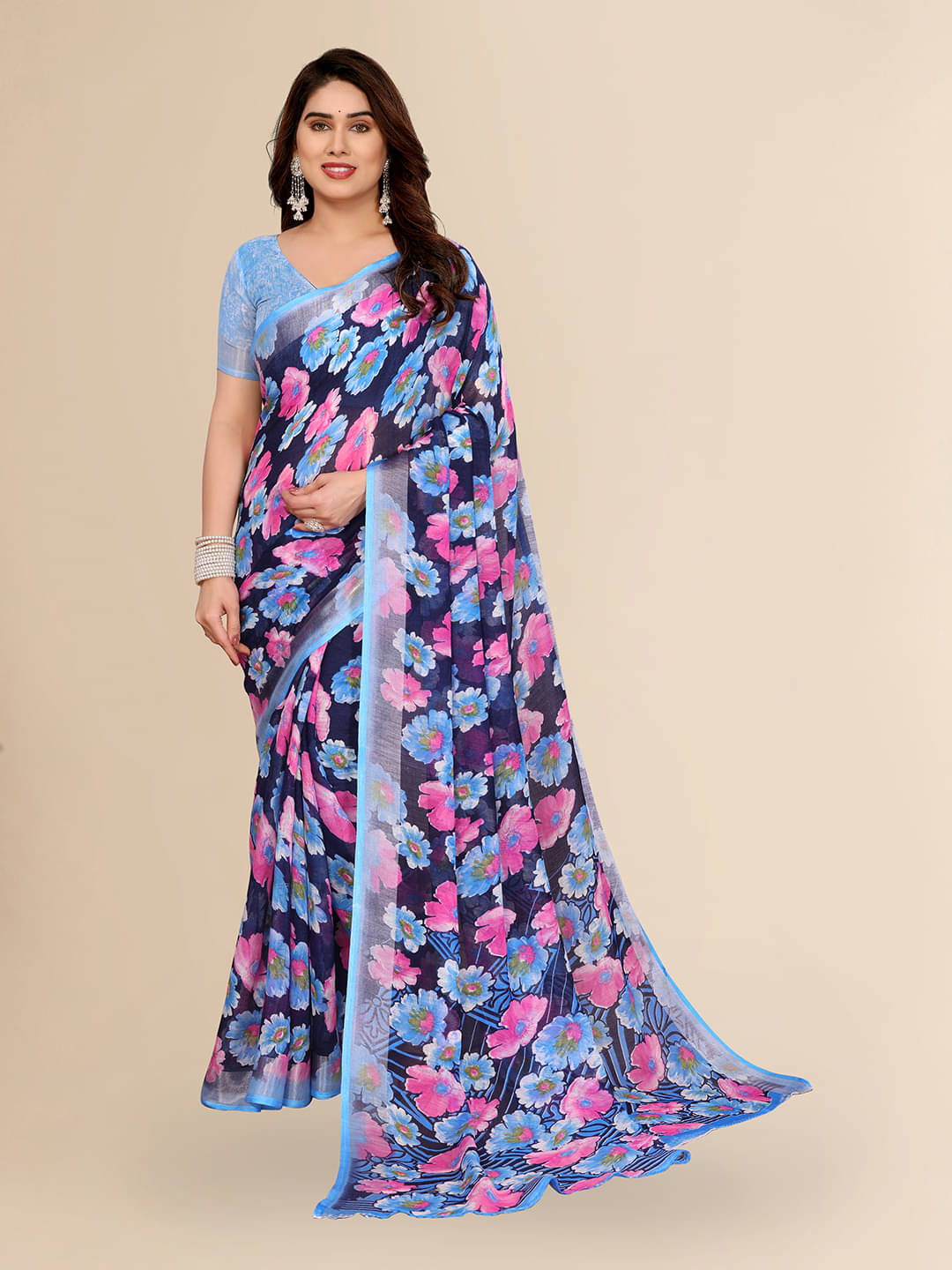     			ANAND SAREES Linen Printed Ilkal Saree With Unstitched Blouse Piece ( BLUE )