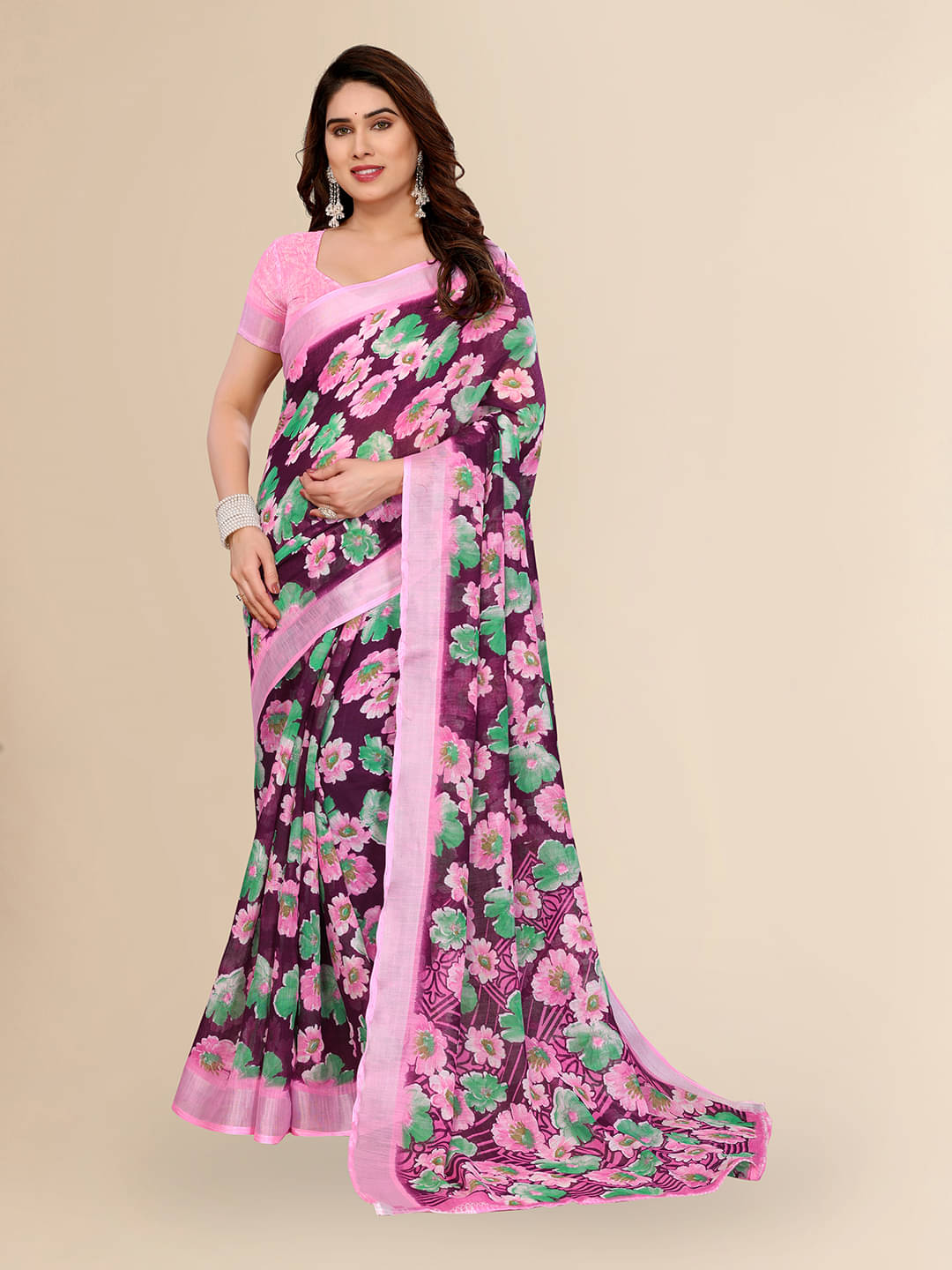     			ANAND SAREES Linen Printed Ilkal Saree With Unstitched Blouse Piece ( WINE )