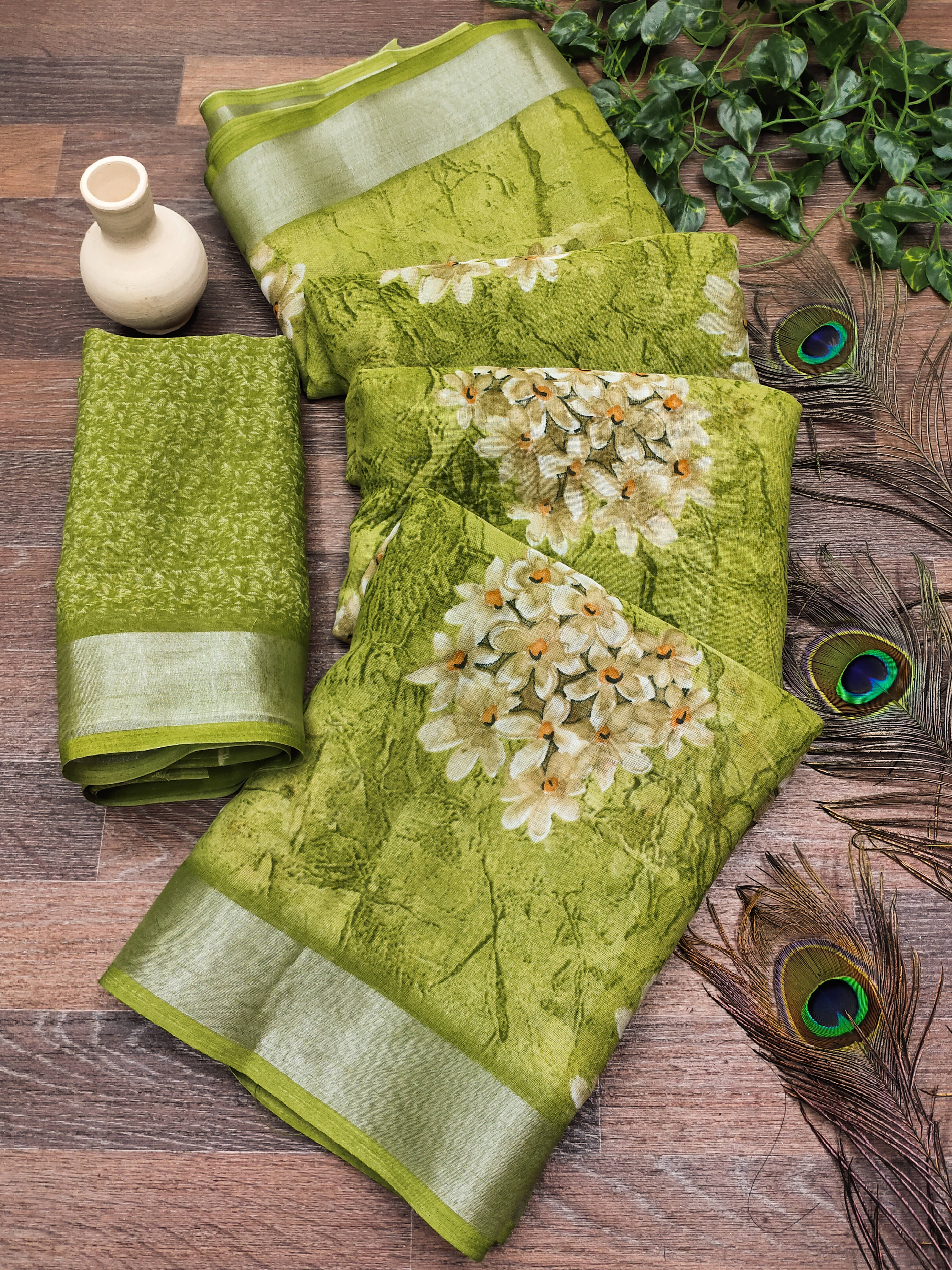 ANAND SAREES Linen Printed Ilkal Saree With Unstitched Blouse Piece ( GREEN )     			ANAND SAREES Linen Printed Ilkal Saree With Unstitched Blouse Piece ( GREEN )
