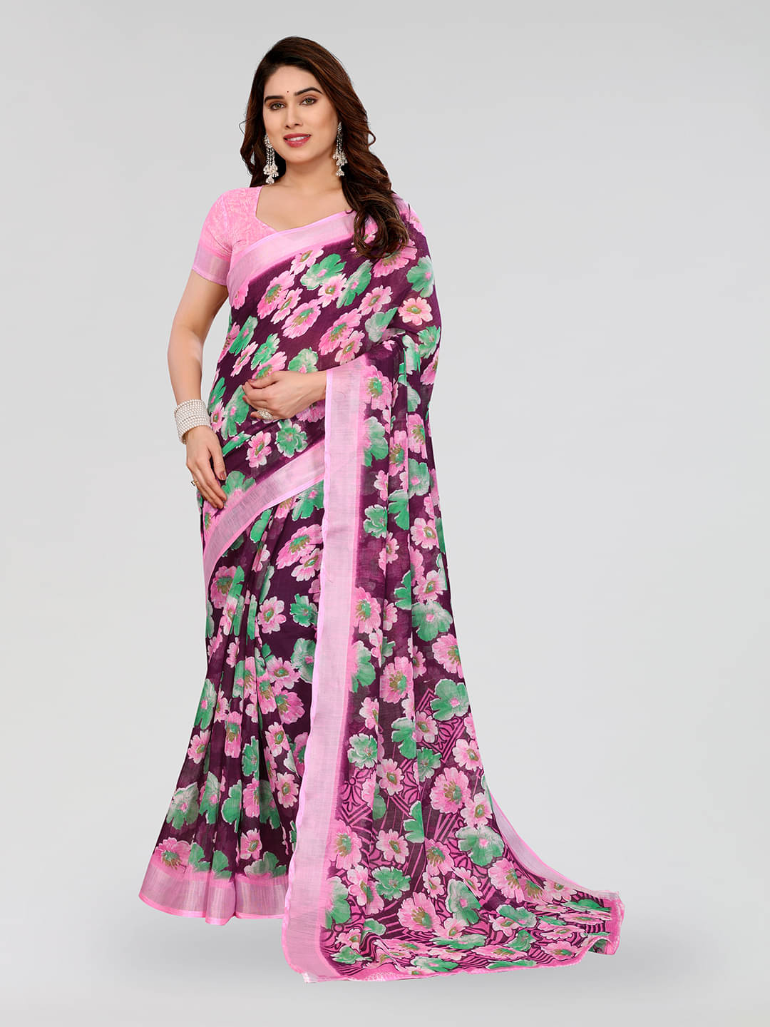 ANAND SAREES Linen Printed Ilkal Saree With Unstitched Blouse Piece ( WINE )     			ANAND SAREES Linen Printed Ilkal Saree With Unstitched Blouse Piece ( WINE )