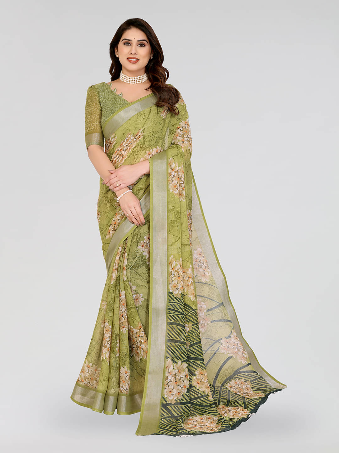     			ANAND SAREES Linen Printed Ilkal Saree With Unstitched Blouse Piece ( GREEN )