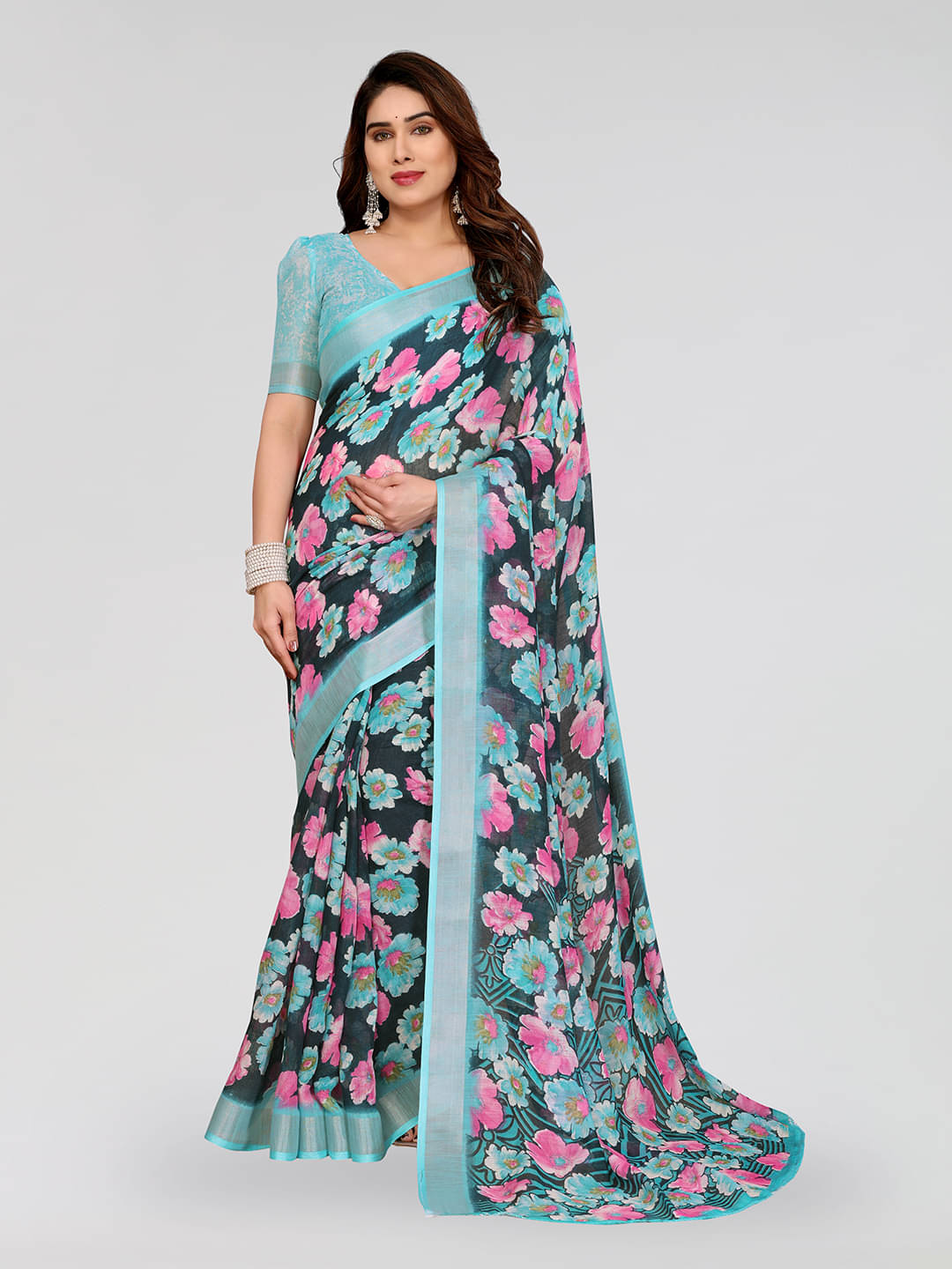     			ANAND SAREES Linen Printed Ilkal Saree With Unstitched Blouse Piece ( GREEN )