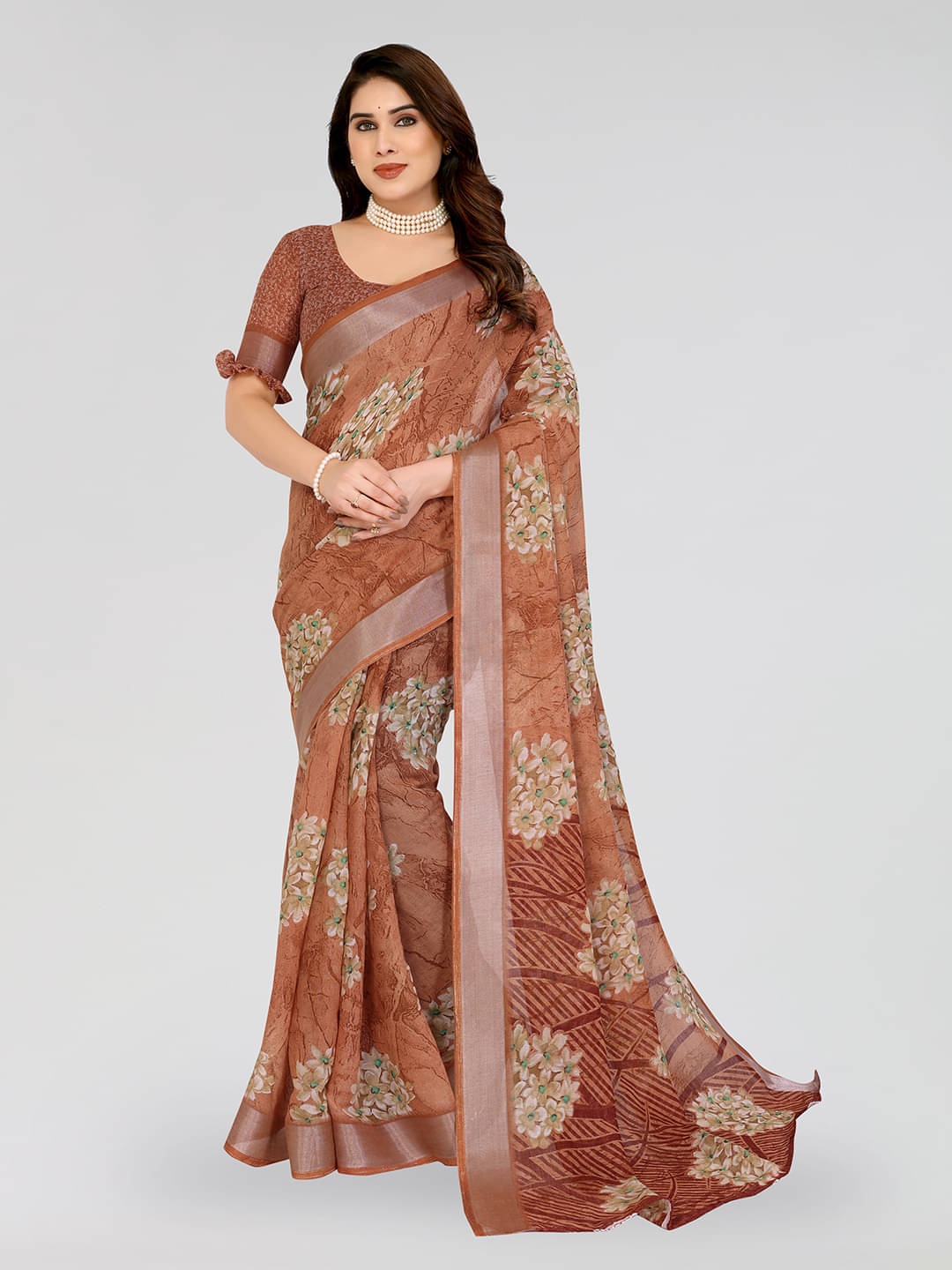     			ANAND SAREES Linen Printed Ilkal Saree With Unstitched Blouse Piece ( BROWN )