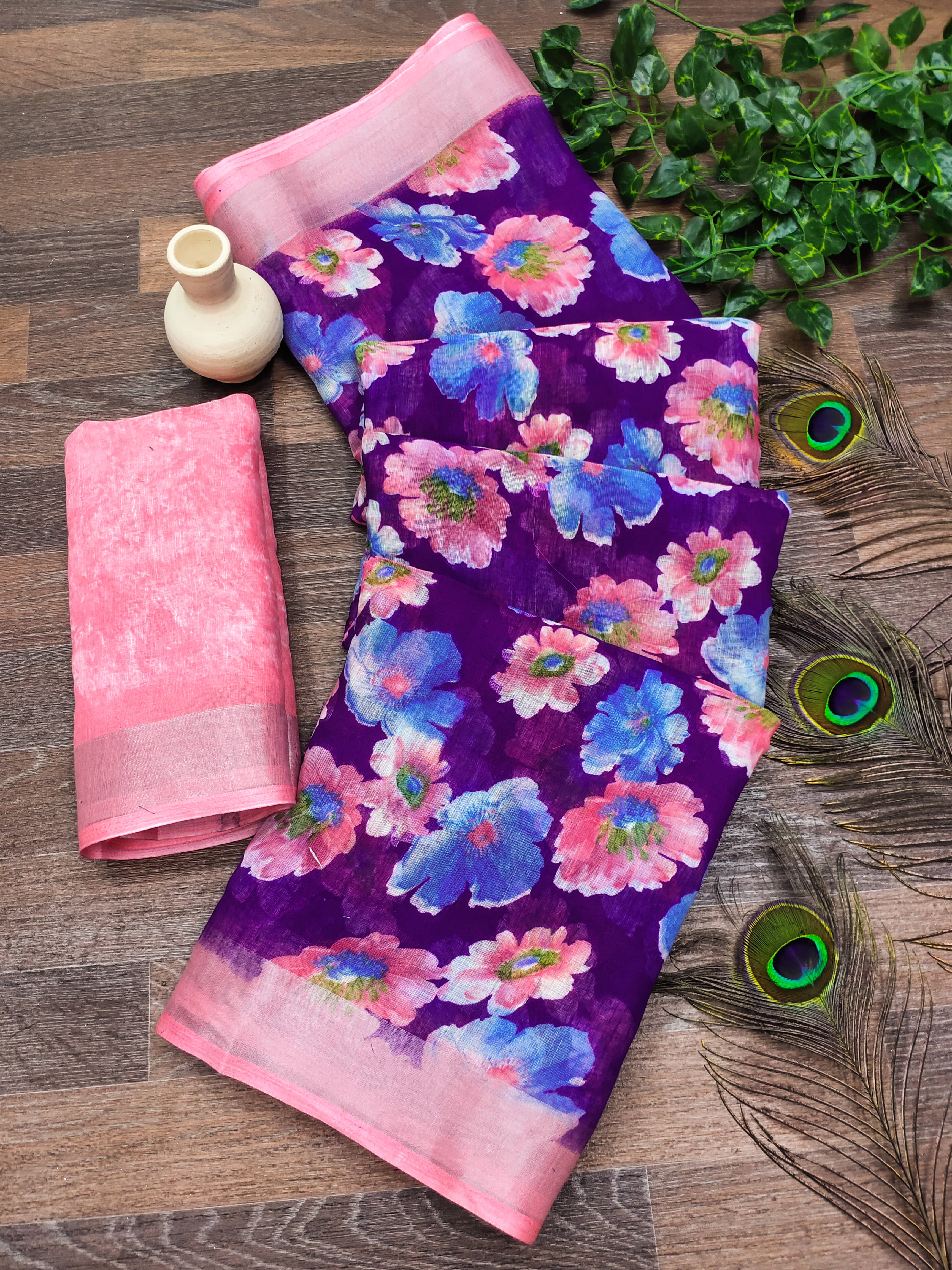     			ANAND SAREES Linen Printed Ilkal Saree With Unstitched Blouse Piece ( PURPLE )