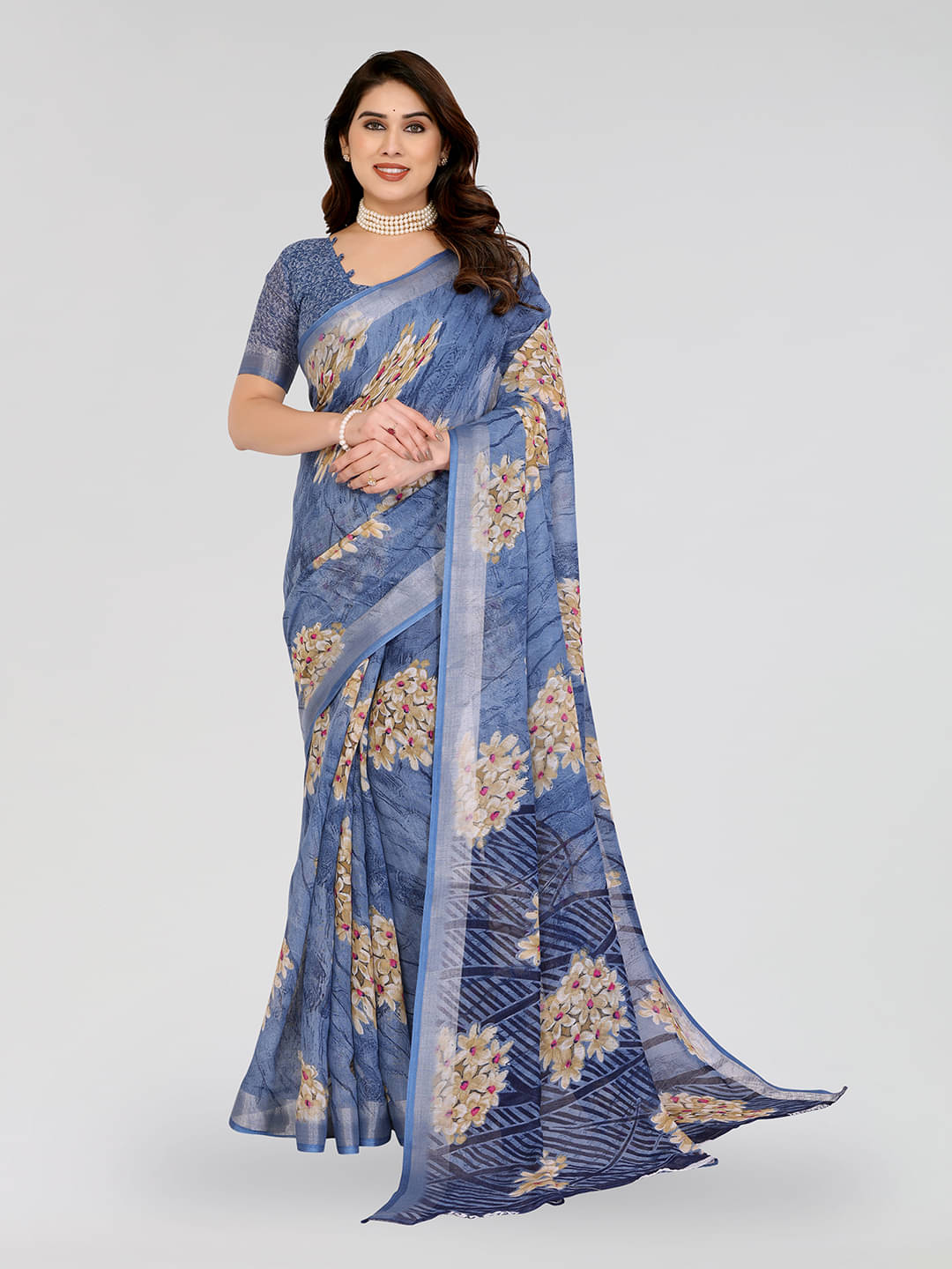     			ANAND SAREES Linen Printed Ilkal Saree With Unstitched Blouse Piece ( BLUE )