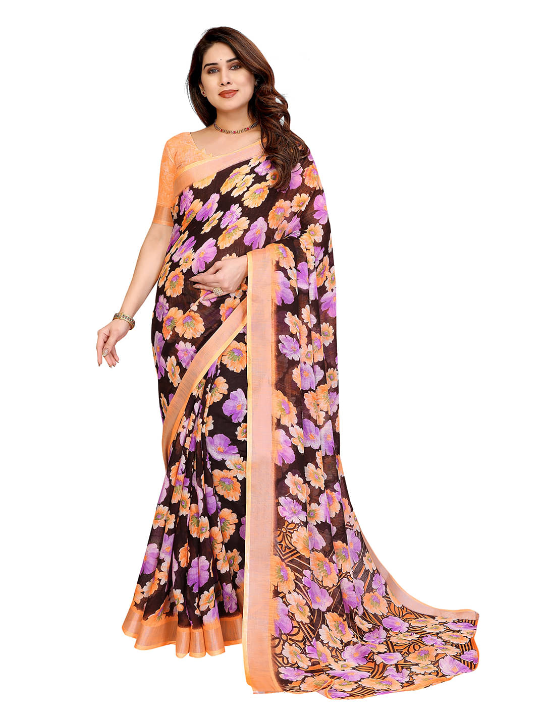     			ANAND SAREES Linen Printed Ilkal Saree With Unstitched Blouse Piece ( BROWN )