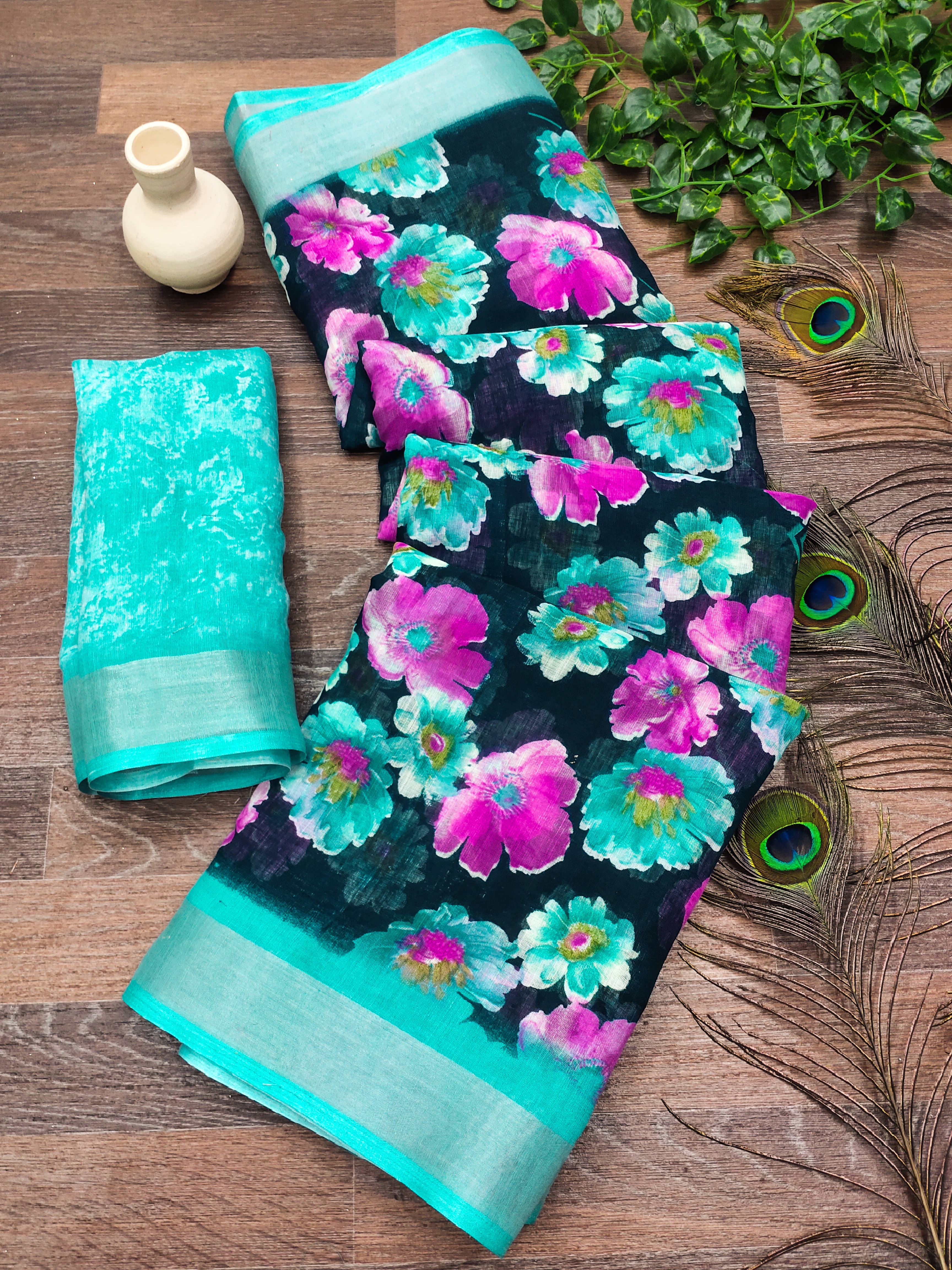     			ANAND SAREES Linen Printed Ilkal Saree With Unstitched Blouse Piece ( GREEN )