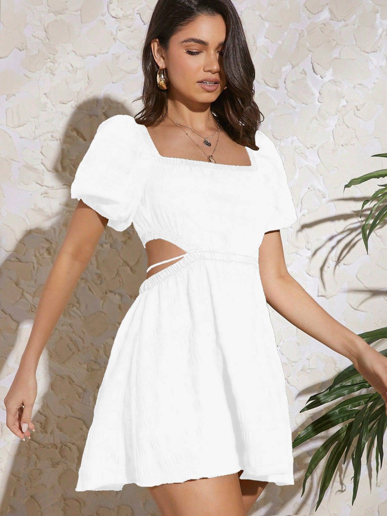     			Aahwan Women Polyester Solid A-line Dress ( White )
