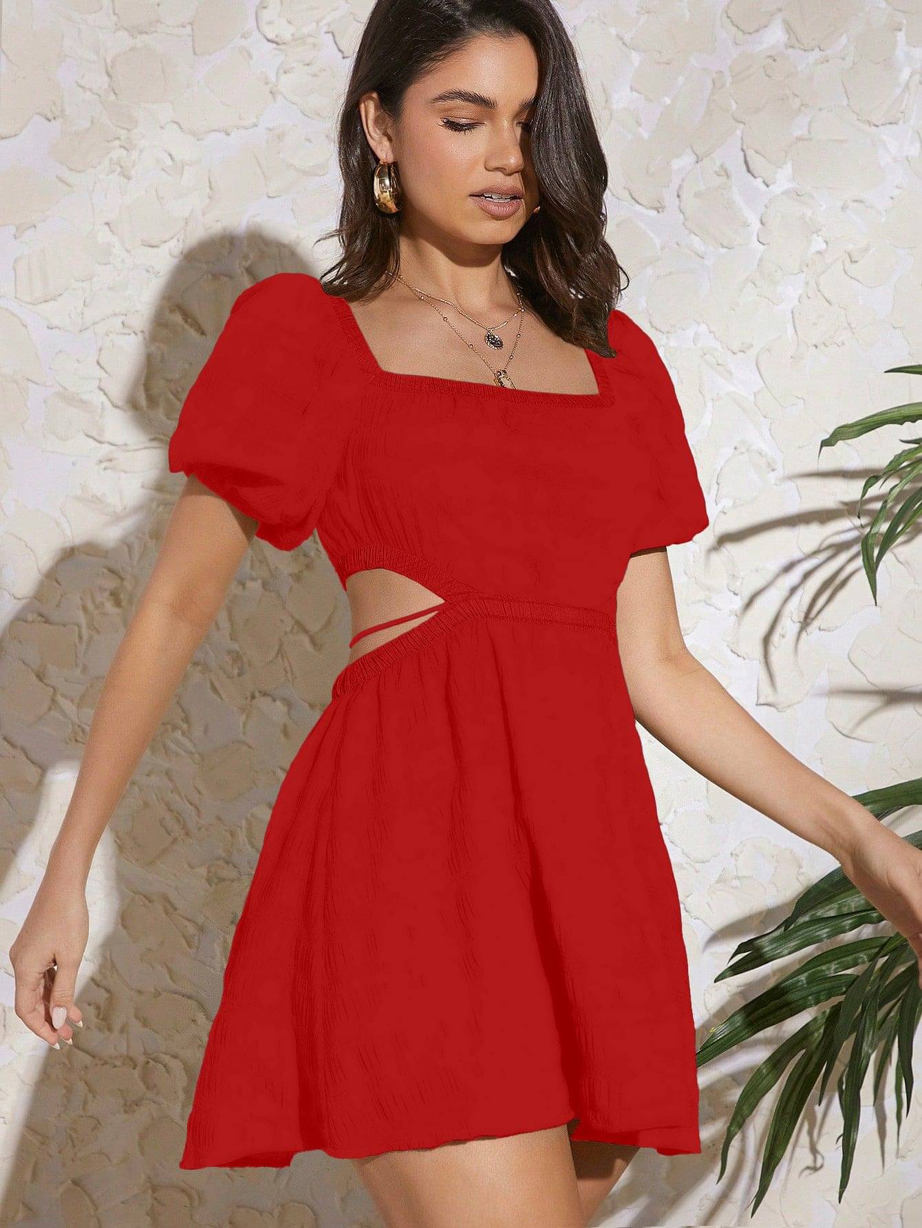     			Aahwan Women Polyester Solid A-line Dress ( Red )