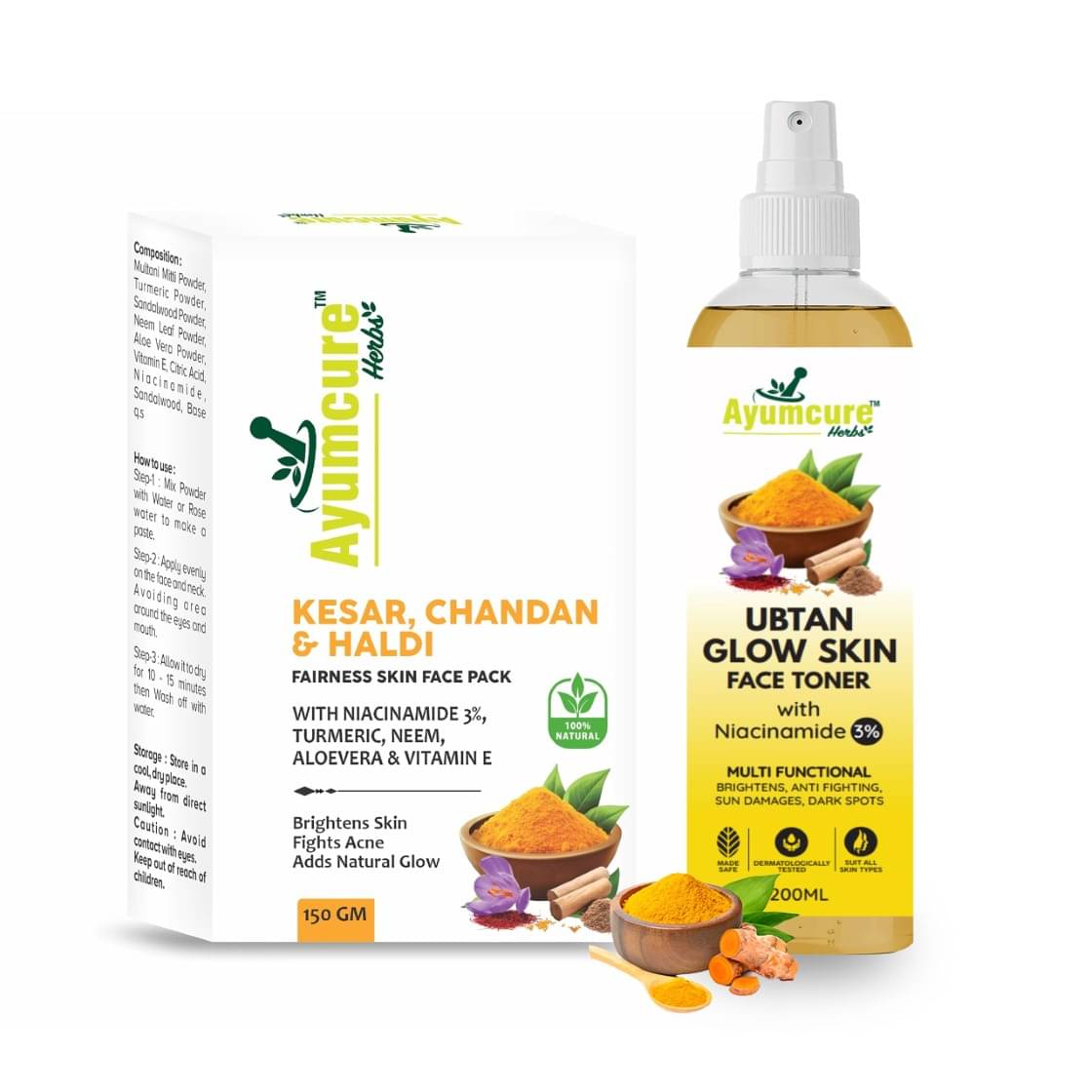     			Ayumcure Ubtan Glow Toner 200ml and Herbal Radiance Face Pack 150g Combo Natural Skincare Brightening Hydrating Pore Refining Gentle Face Care for Men and Women