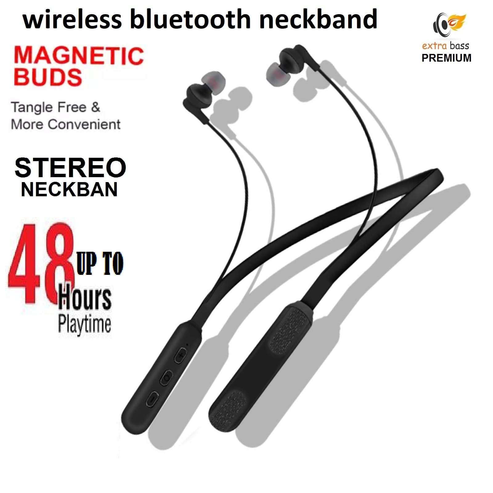 Bluetooth Neckband with Long Battery – 48 Hours Non-Stop Music & Extra Bass (Black) Bluetooth Neckband with Long Battery – 48 Hours Non-Stop Music & Extra Bass (Black)