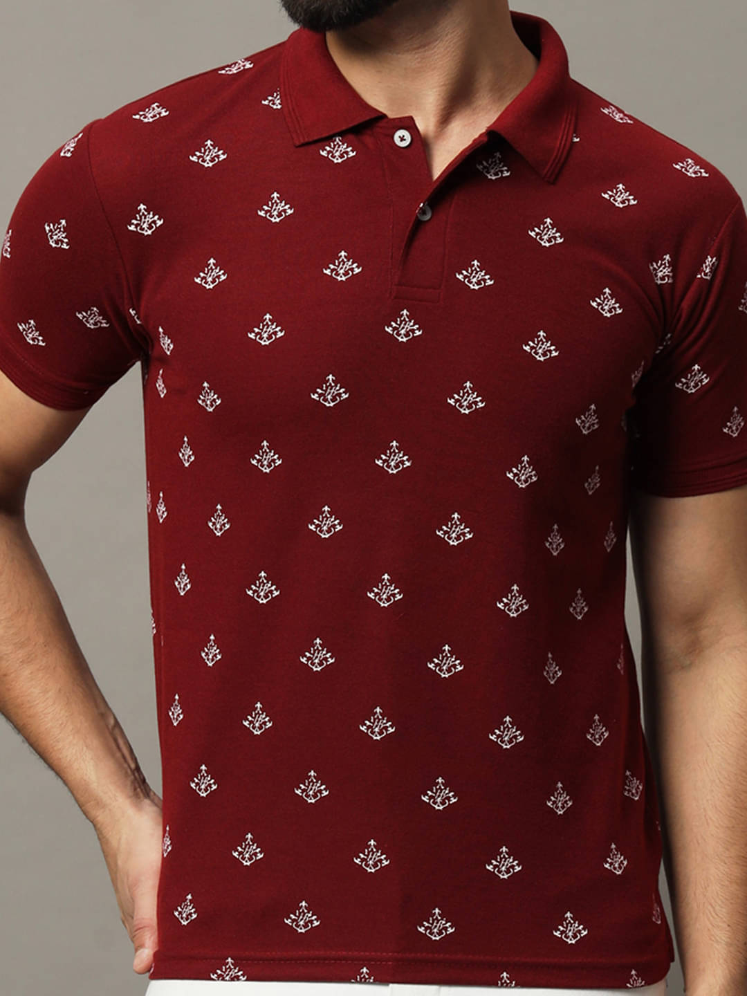 COCOSOUL Men Polyester Regular Fit Printed Polo T Shirt ( Maroon )     			COCOSOUL Men Polyester Regular Fit Printed Polo T Shirt ( Maroon )