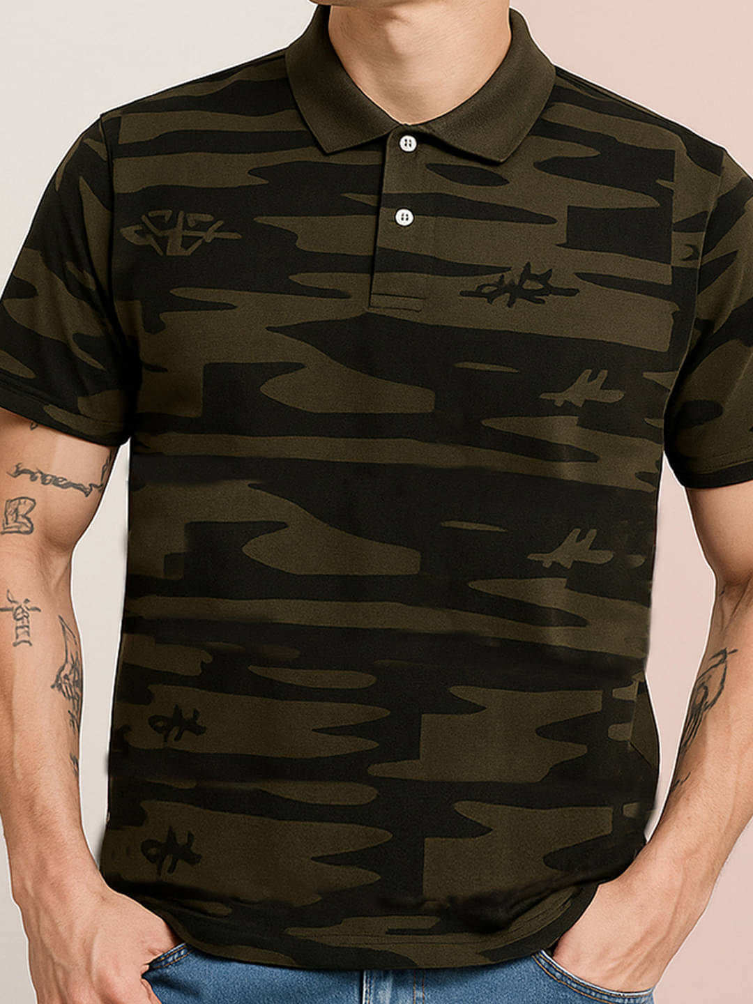 COCOSOUL Men Polyester Regular Fit Printed Polo T Shirt ( Olive )     			COCOSOUL Men Polyester Regular Fit Printed Polo T Shirt ( Olive )