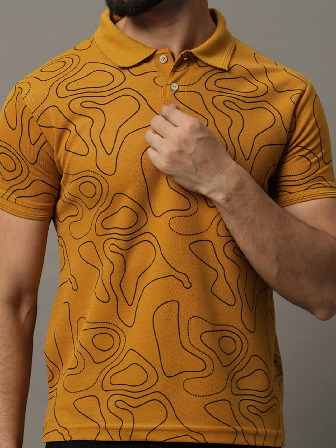 COCOSOUL Men Polyester Regular Fit Printed Polo T Shirt ( Mustard ) COCOSOUL Men Polyester Regular Fit Printed Polo T Shirt ( Mustard )