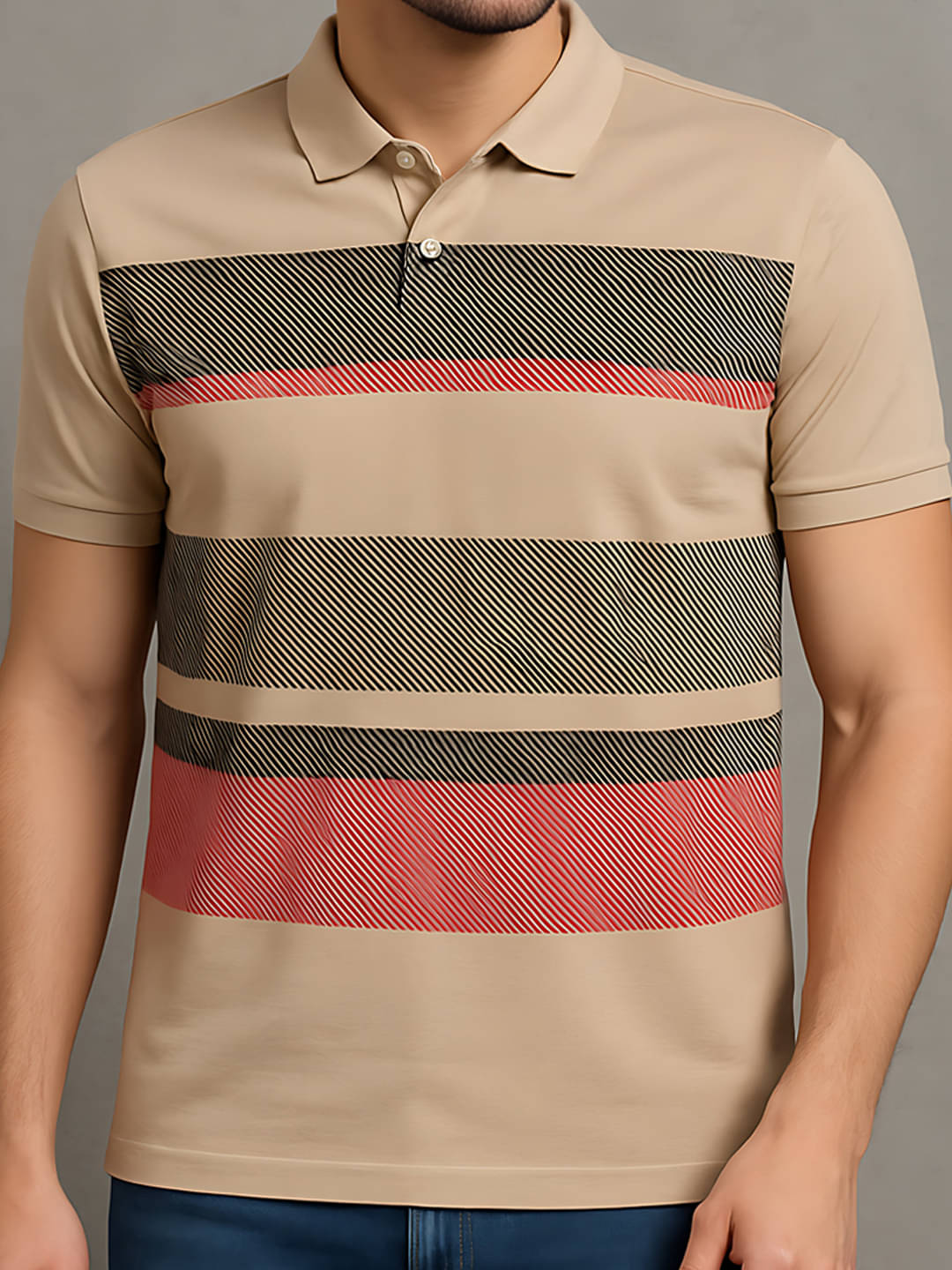 COCOSOUL Men Polyester Regular Fit Printed Polo T Shirt ( Beige )     			COCOSOUL Men Polyester Regular Fit Printed Polo T Shirt ( Beige )