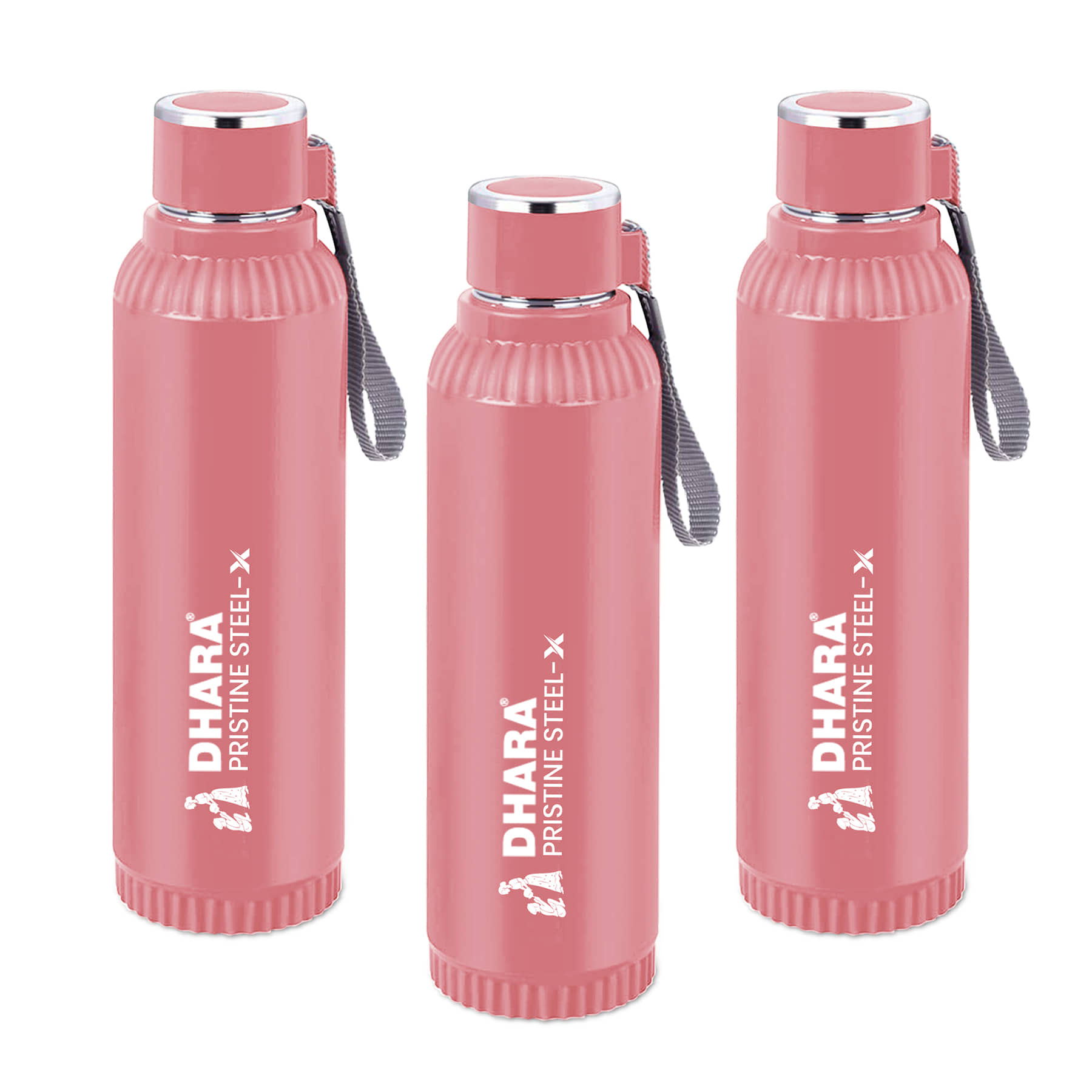 Dhara Stainless Steel Quench Inner Steel Outer Plastic Peach Stainless Steel Water Bottle 650 mL ( Set of 3 )