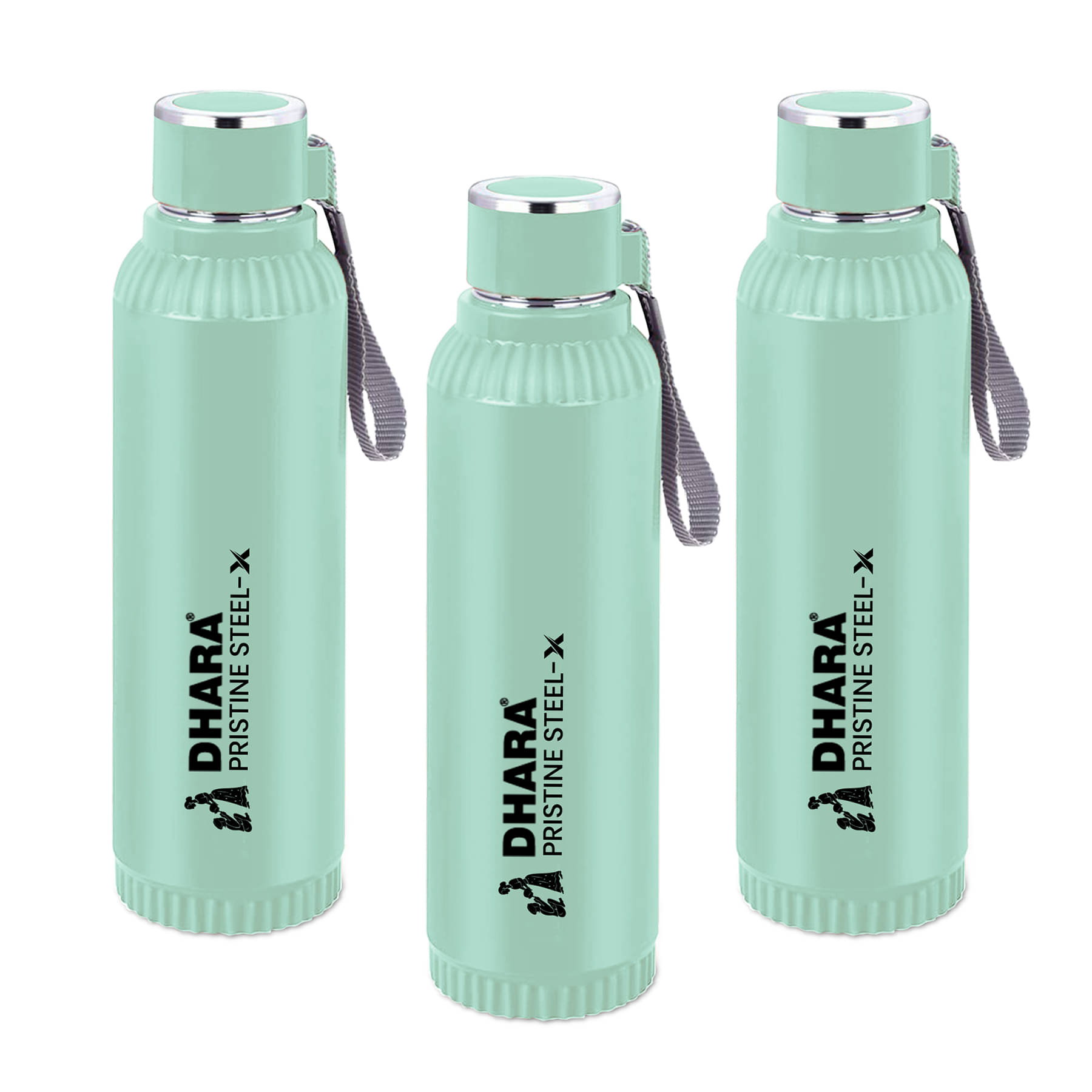     			Dhara Stainless Steel Quench Inner Steel Outer Plastic Green Stainless Steel Water Bottle 650 mL ( Set of 3 )