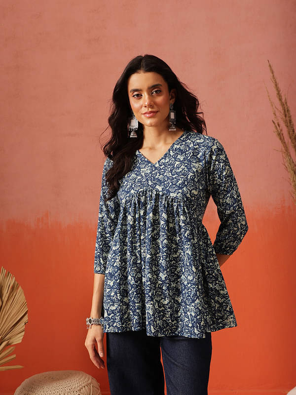     			Fembliss Women Cotton Embroidered Flared Kurti ( Navy Blue )
