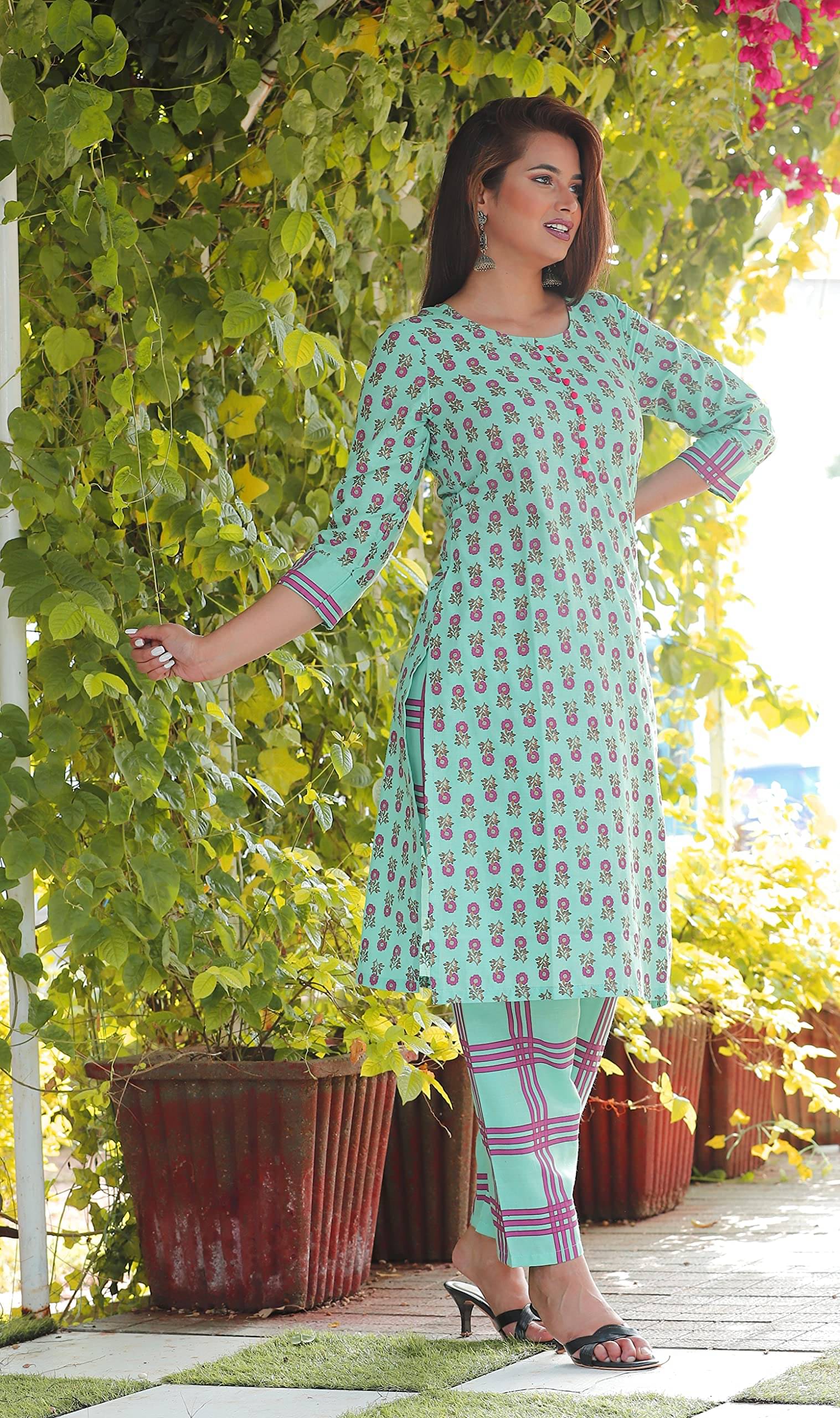     			G4Girl Women Cotton Printed Straight Kurti With Pants ( Blue )
