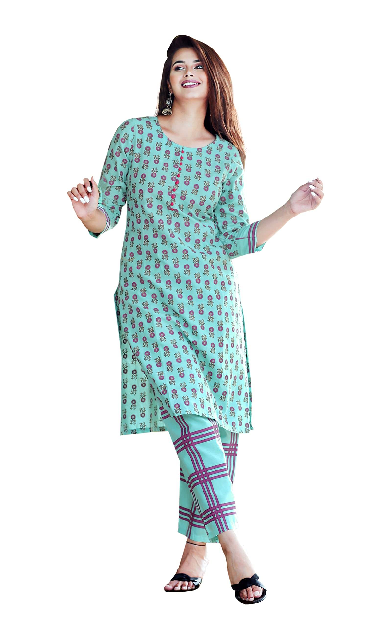     			G4Girl Women Cotton Printed Straight Kurti With Pants ( Blue )