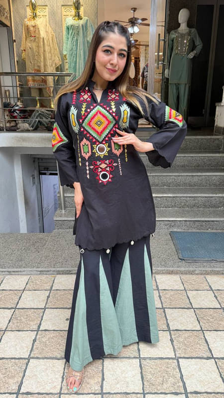 HEXA INFOSYS Women Cotton Embroidered A-line Kurti With Palazzo ( Black ) HEXA INFOSYS Women Cotton Embroidered A-line Kurti With Palazzo ( Black )