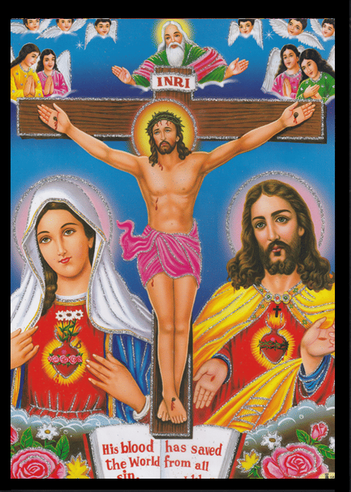     			JESUS CHRIST ON THE CROSS INRI Sparkled Laminated Photo 8 (Width) x 11 (Length) inch on Wooden Base With Back Support & Wall Hanging Mount