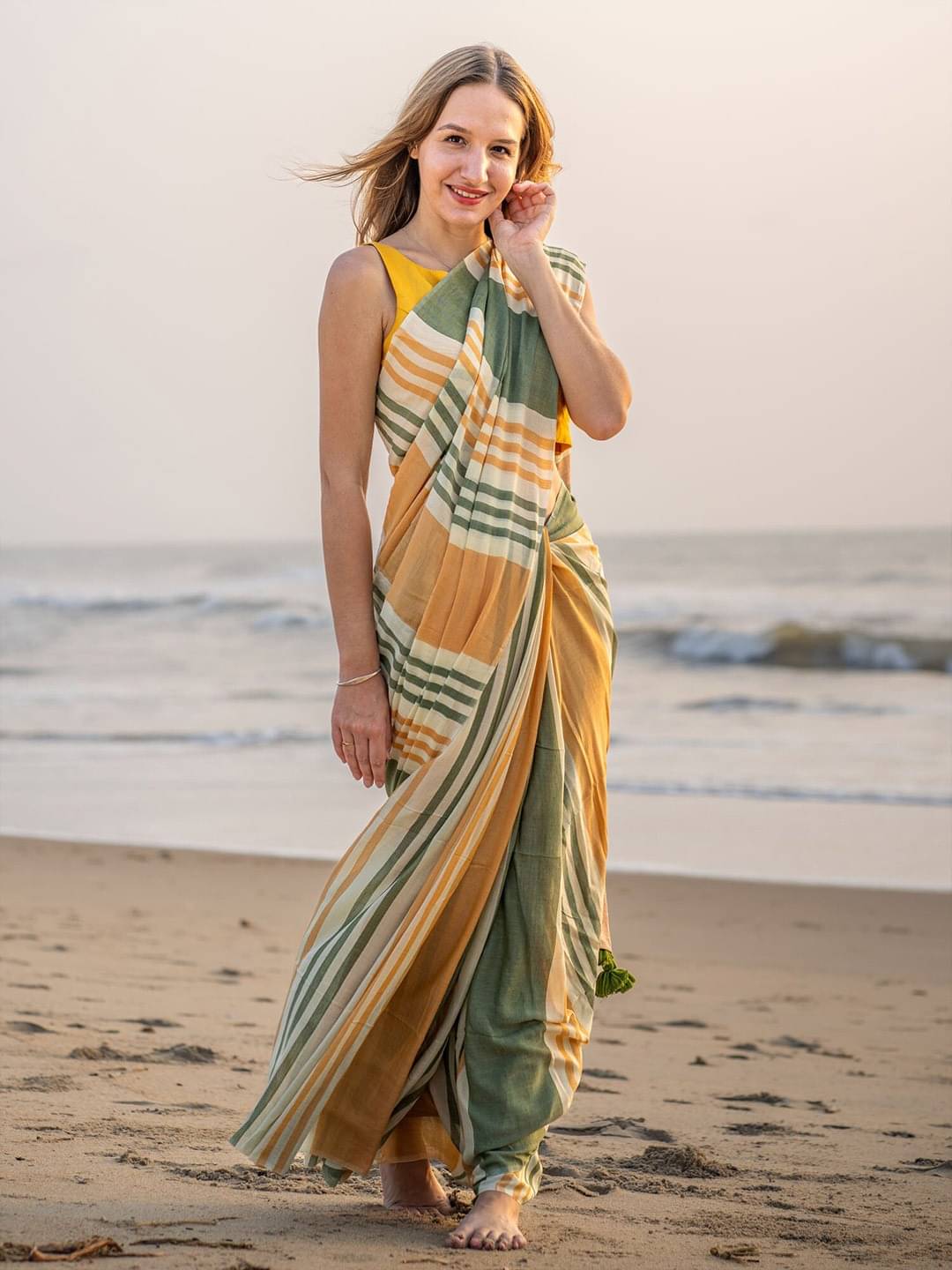     			KV Fashion Linen Printed Regular Saree With Unstitched Blouse Piece ( Mustard )
