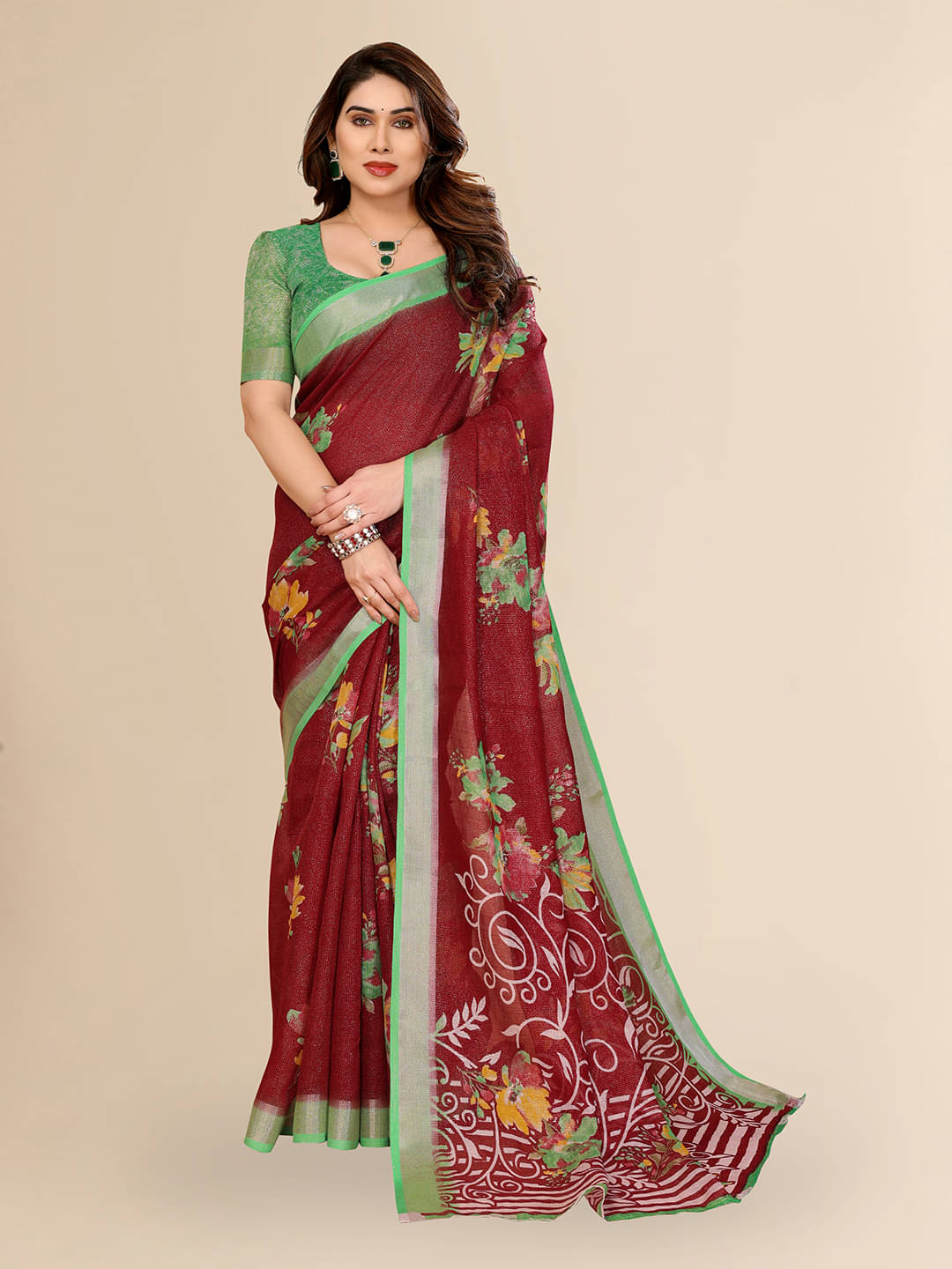     			Kashvi Sarees Linen Printed Ilkal Saree With Unstitched Blouse Piece ( Maroon )